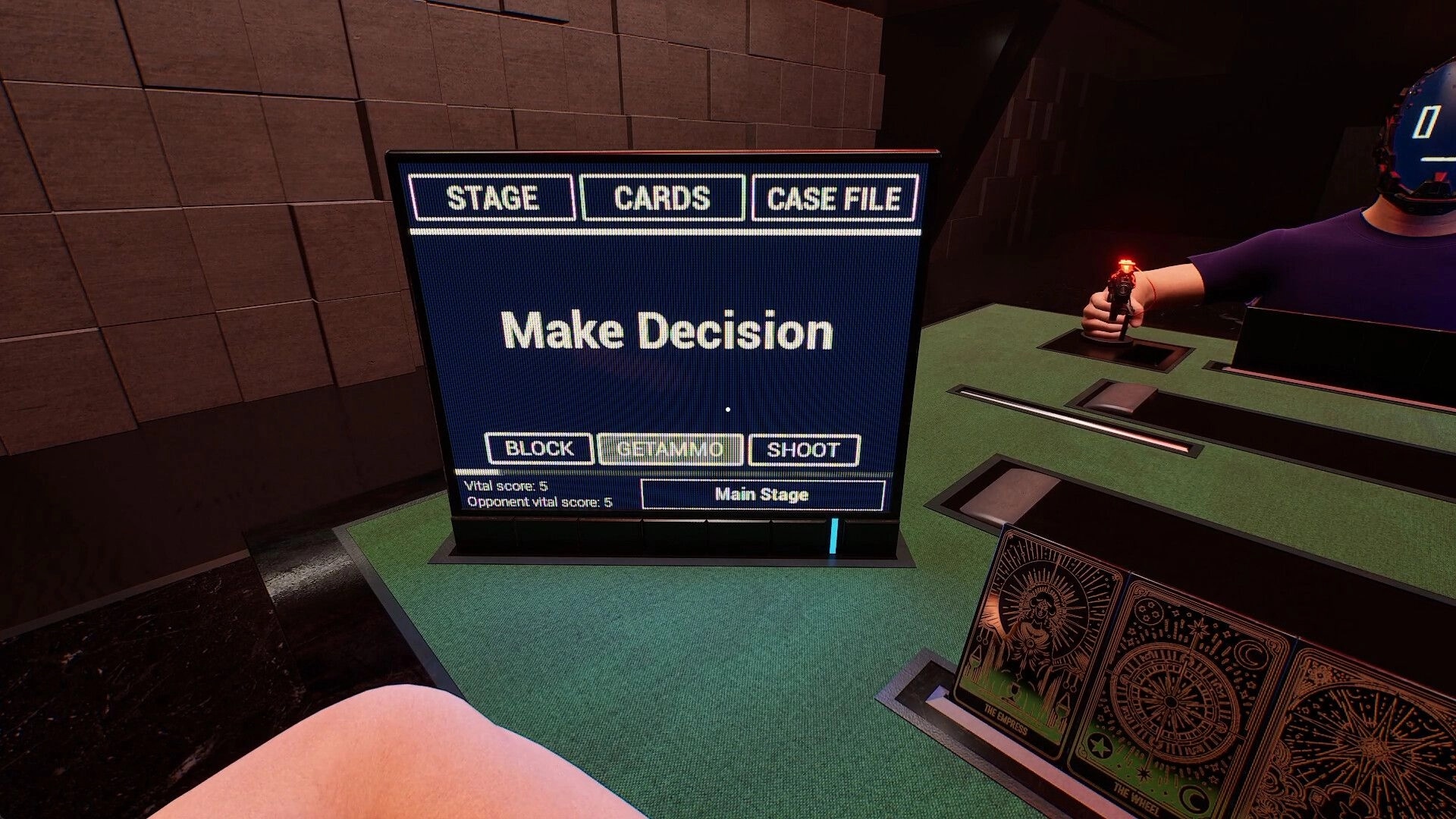 The Panopticon: Decision-making interface with options to block, get ammo, or shoot in a duel setting