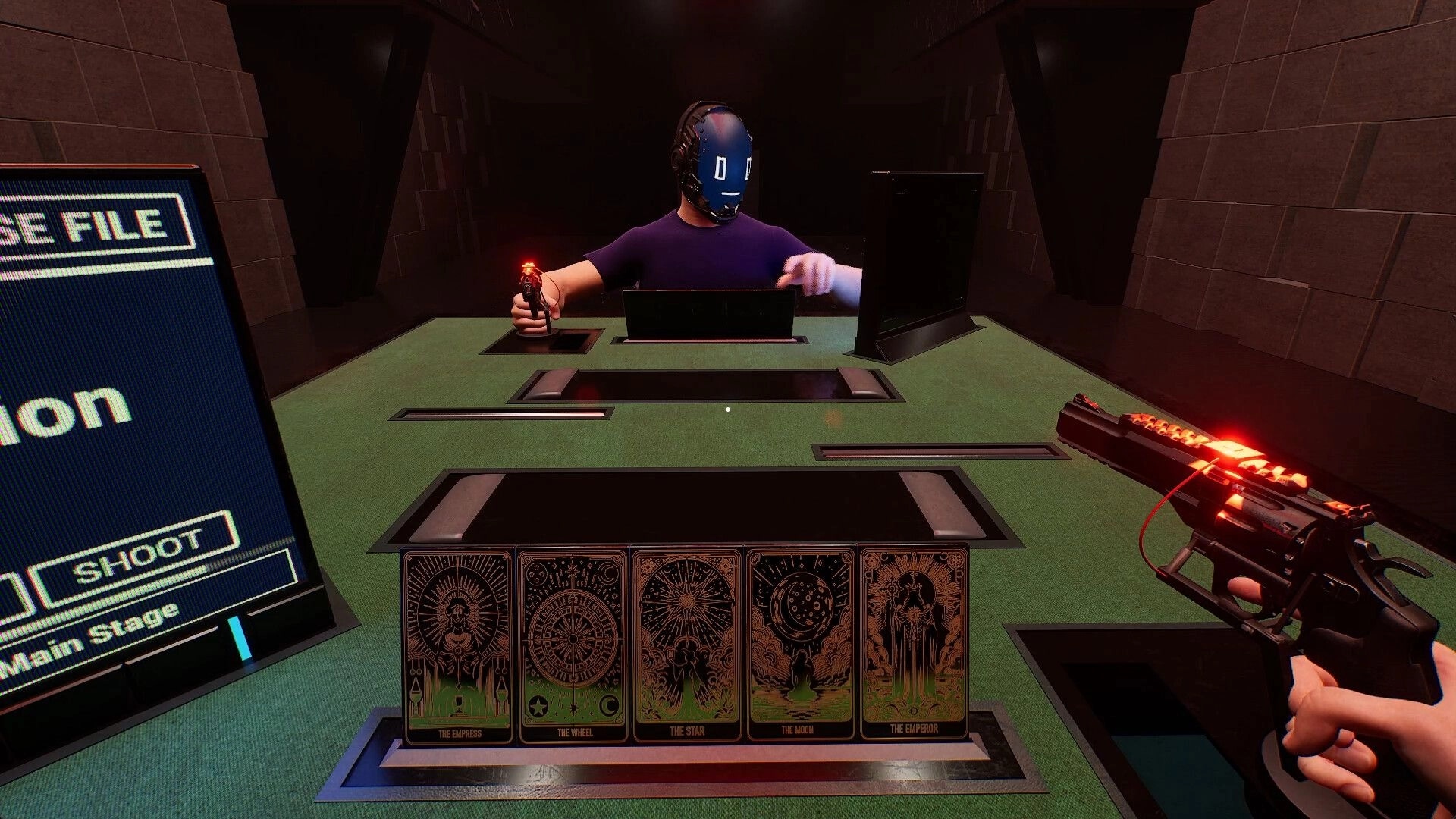 The Panopticon: Player duel with card selection and weapons in futuristic arena setting