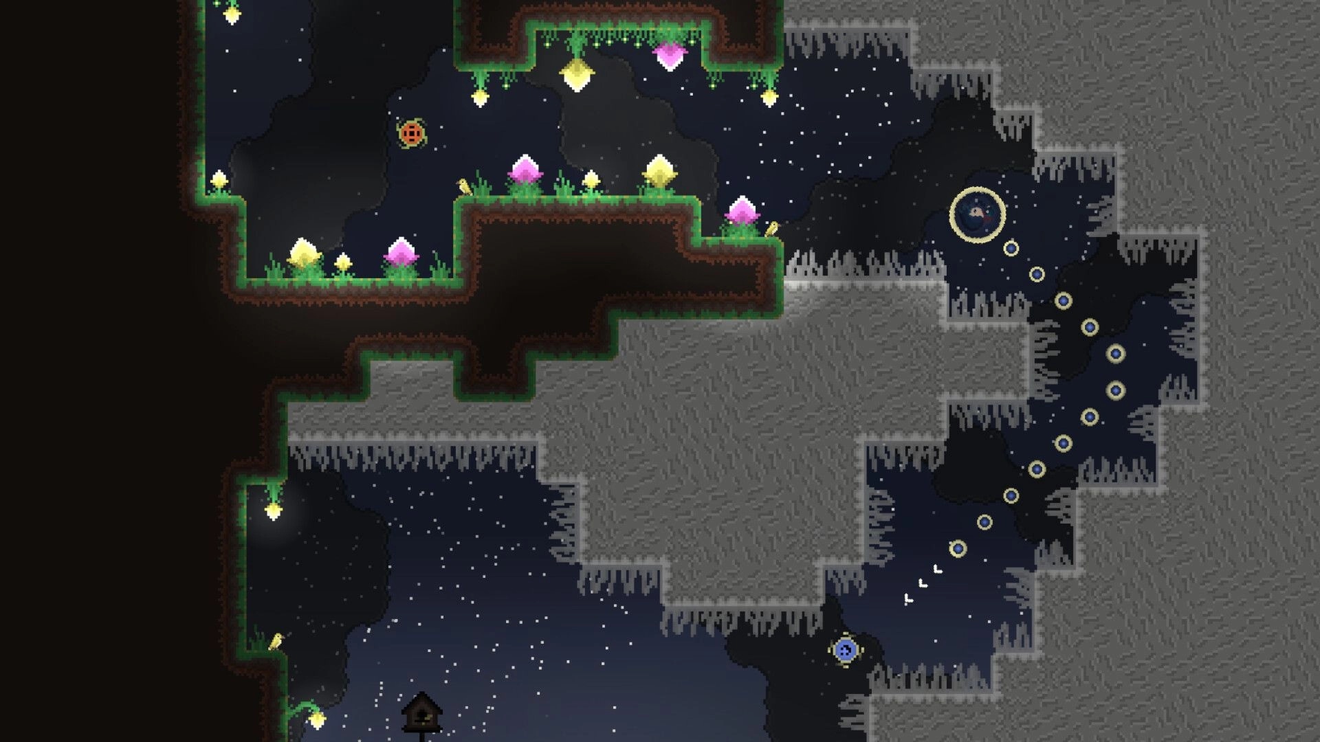 The Path of Ren: Platforming through cave with glowing crystals and starry sky background