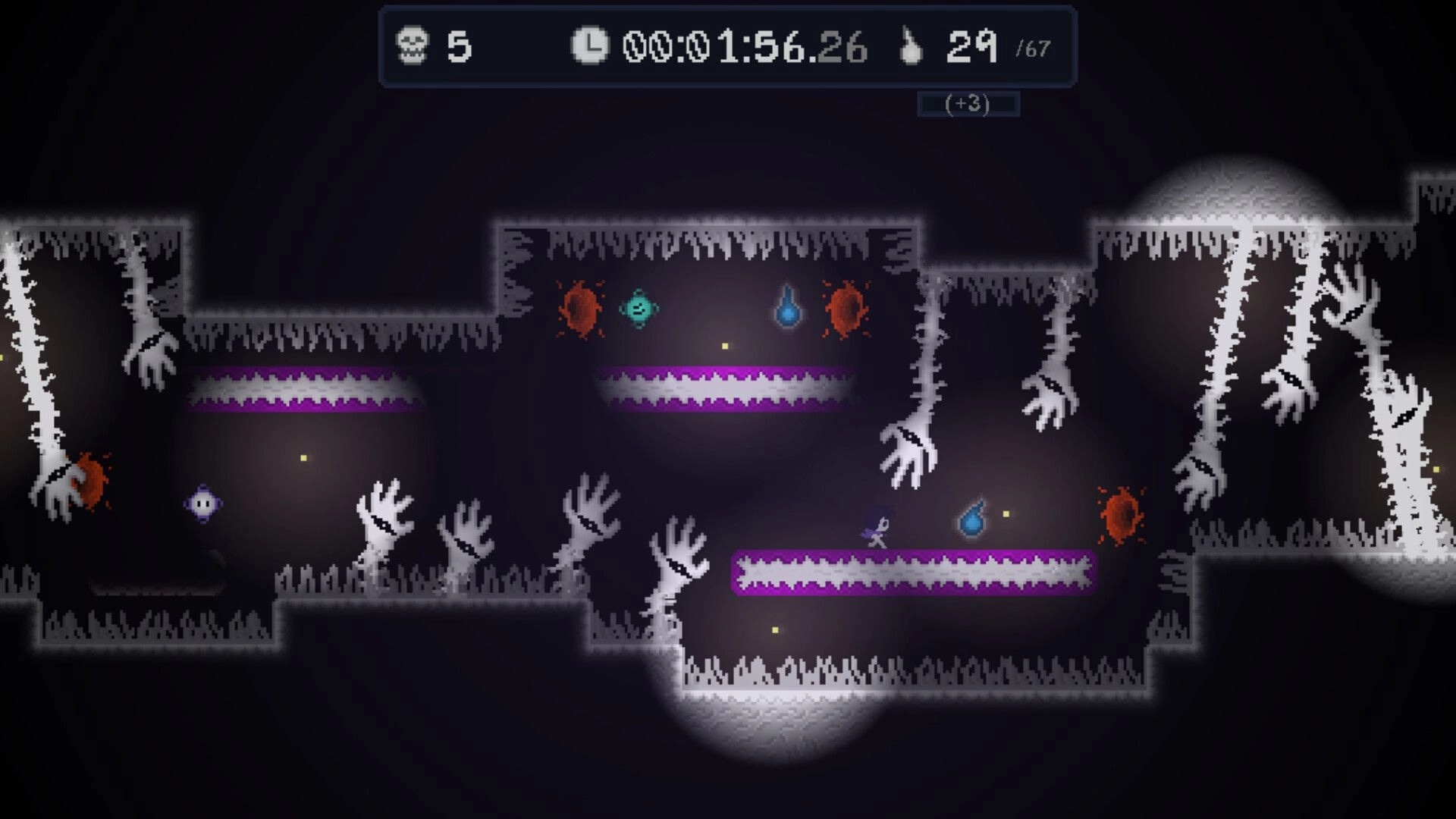 The Path of Ren: Navigating dark cavern with floating hands, collecting orbs, and avoiding obstacles.