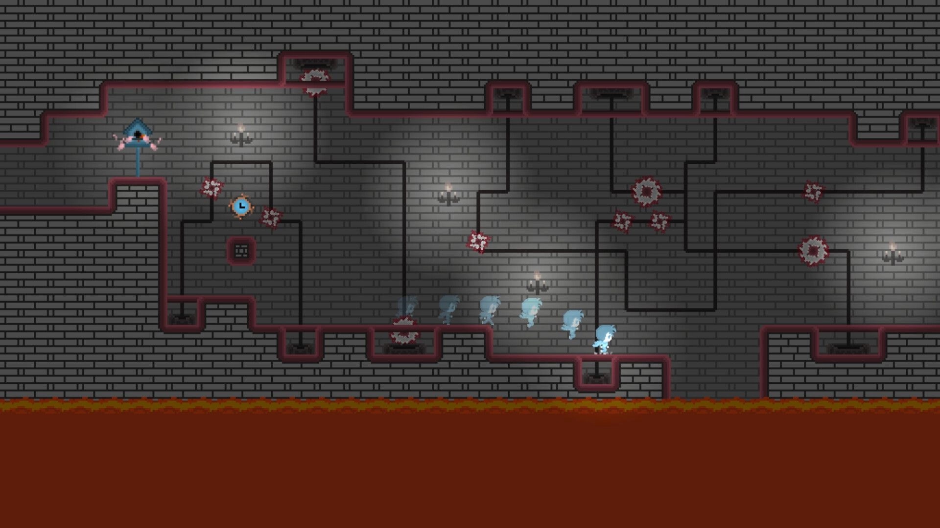 The Path of Ren: Player avoids spinning saw blades in a dark brick dungeon with lava at the bottom.