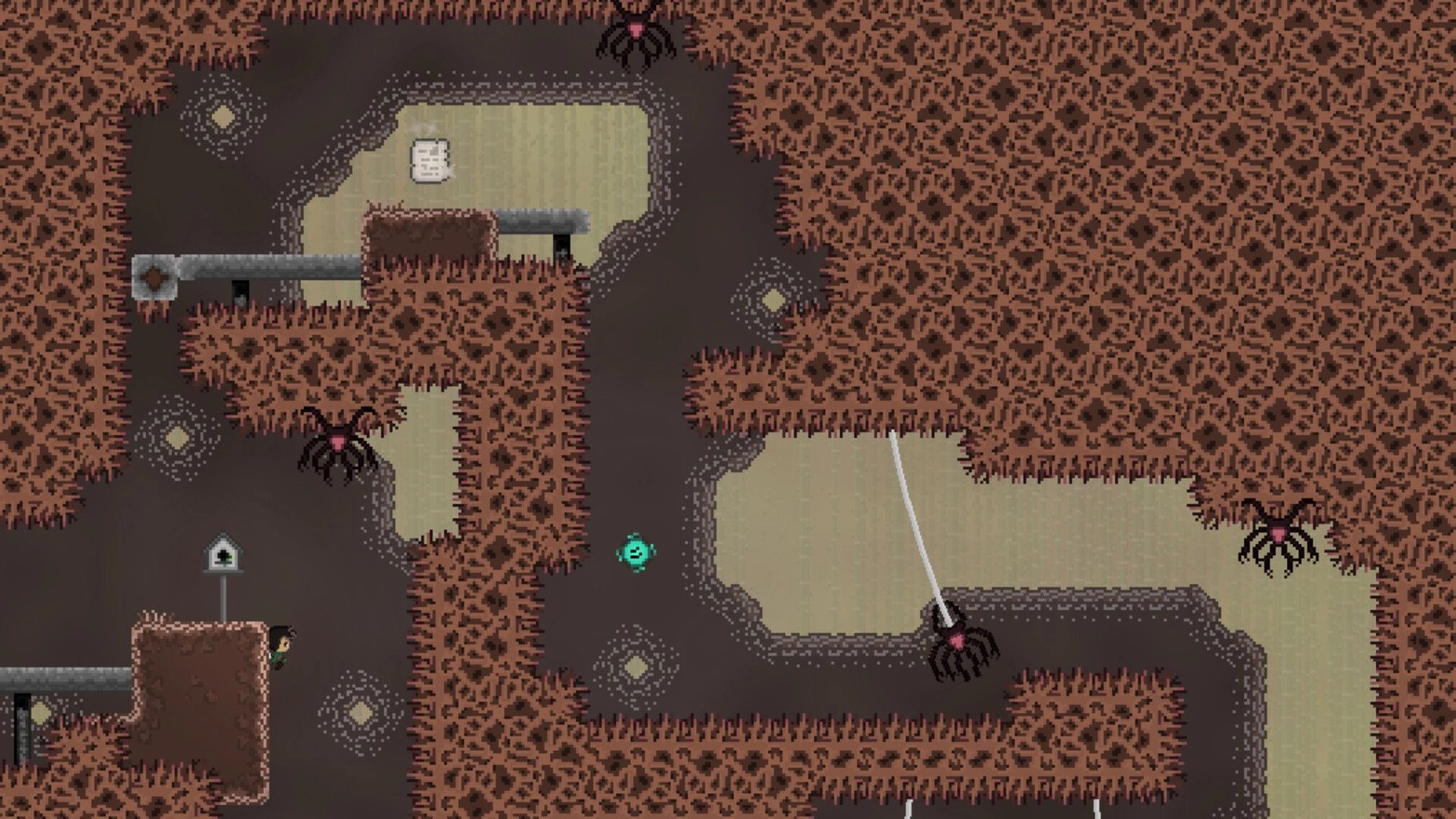 The Path of Ren: Navigating spiky cave with spiders and journal entry on a ledge in brown terrain.