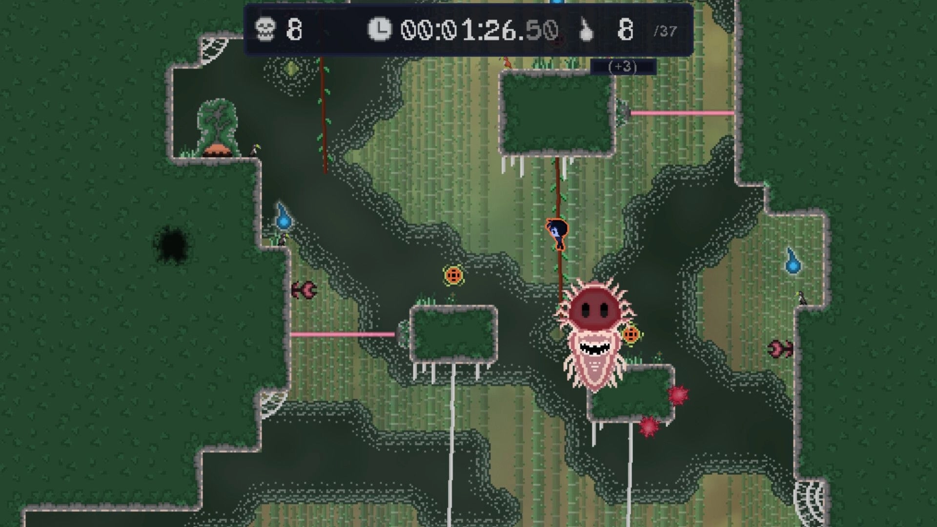 The Path of Ren: Character climbing vine past obstacles in forest level with timer and skull counter visible.