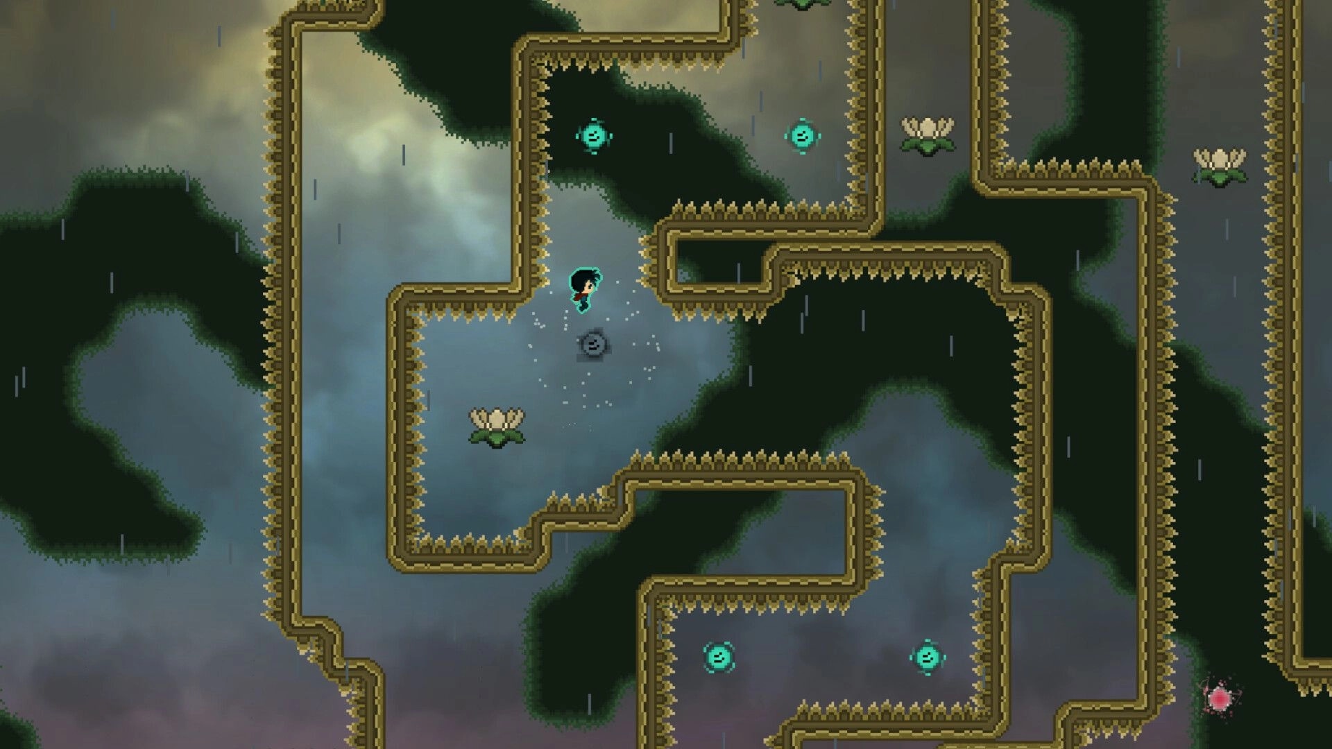 The Path of Ren: Character jumping through spike-filled maze with floating orbs in a cloudy setting
