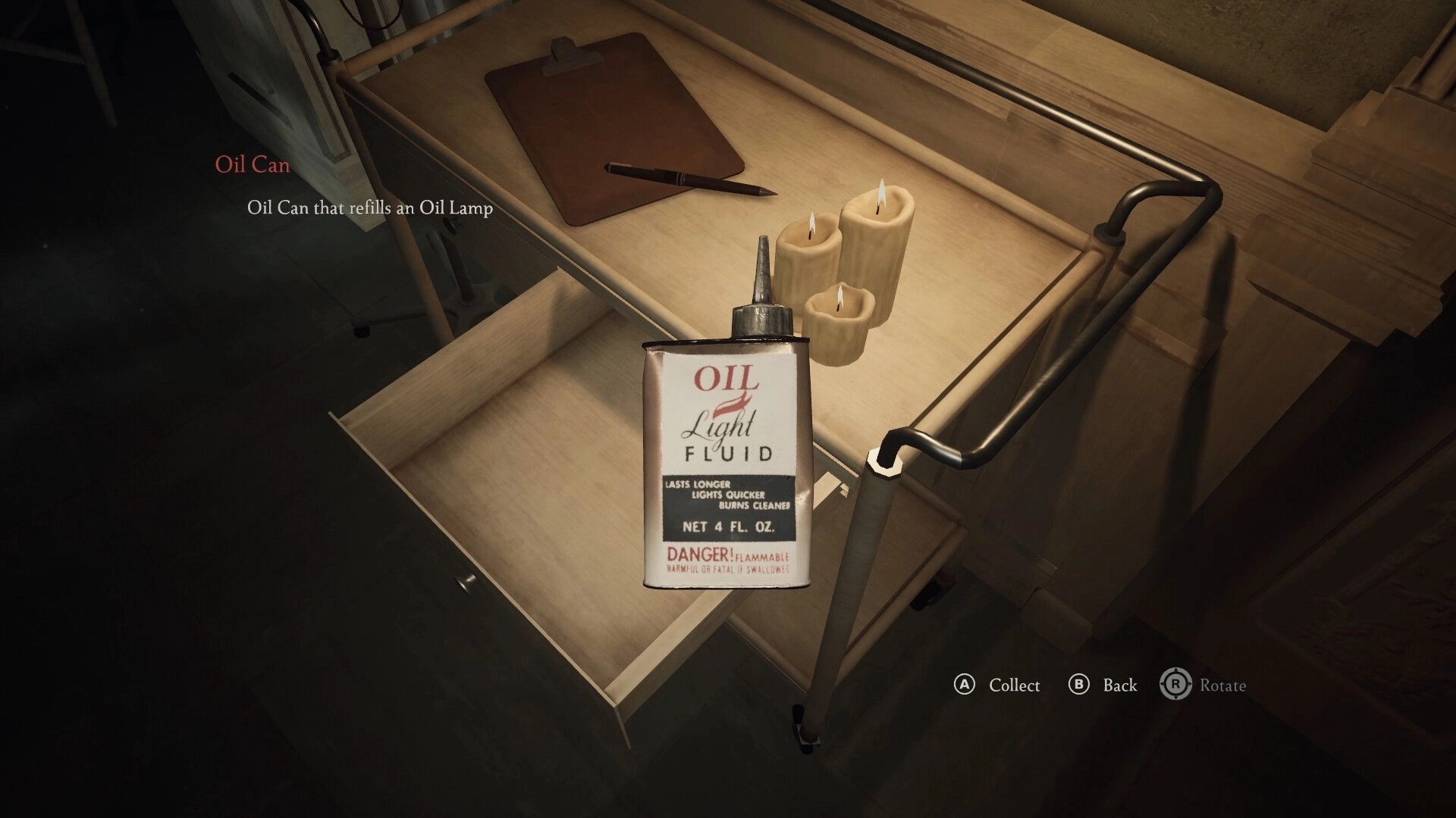 The Patient: Oil can in inventory menu beside clipboard and candles on a wheeled cart in dim room