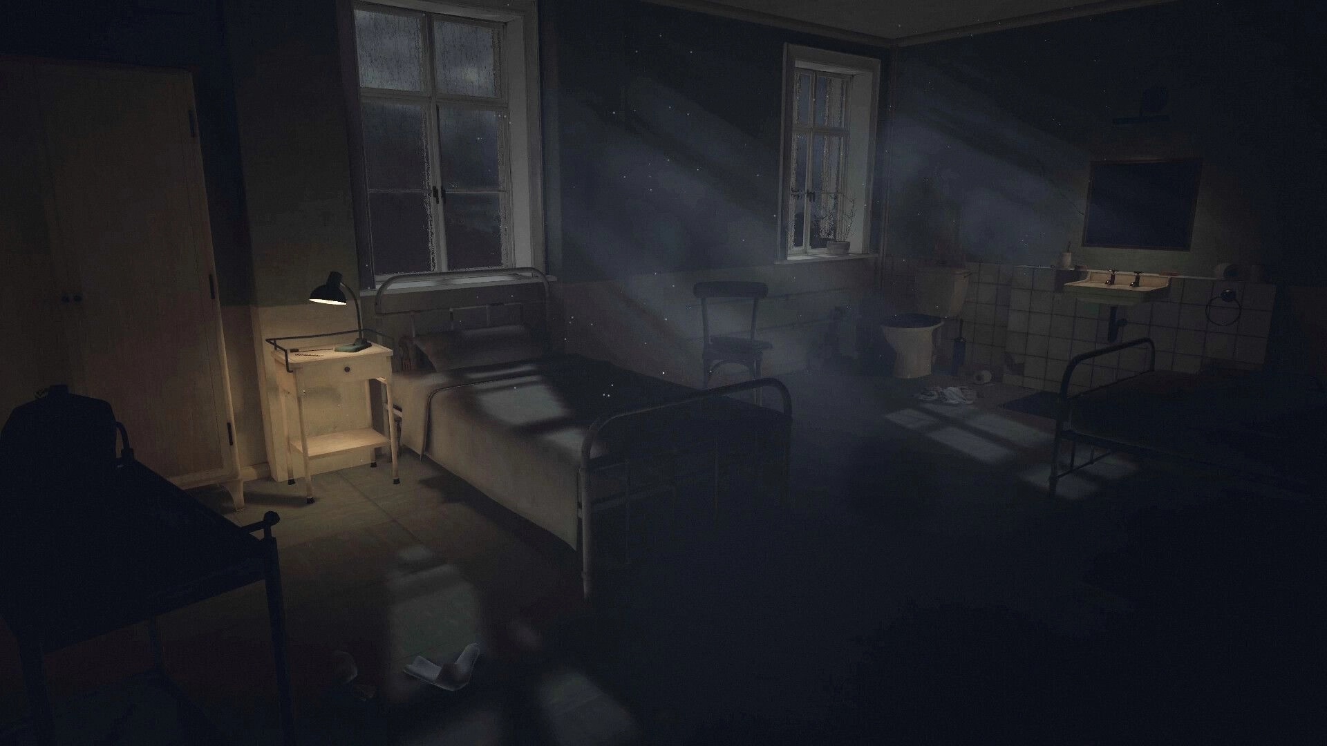 The Patient: Dimly lit hospital room with single bed, nightstand, window, and scattered items on the floor.