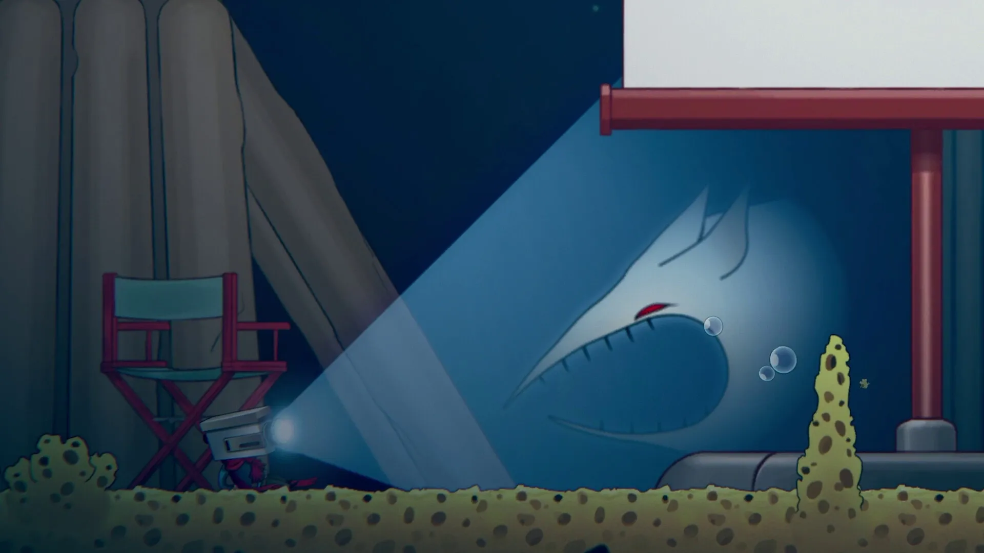 The Perfect Pencil: Character with flashlight faces shadowy beast in a dark, mysterious cave environment
