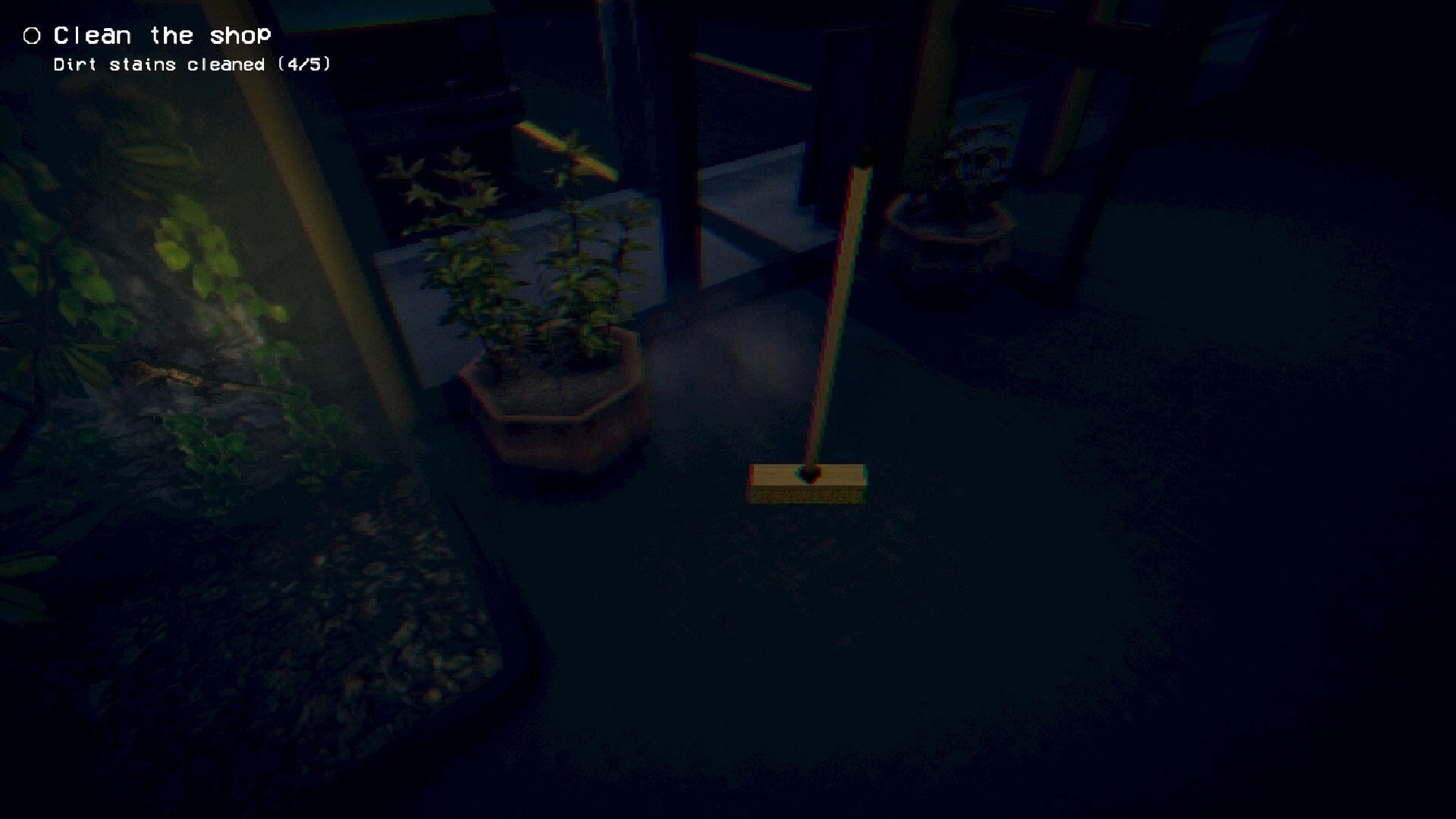 The Plant Shop: Broom cleaning shop floor with task prompt and potted plants near entrance at night