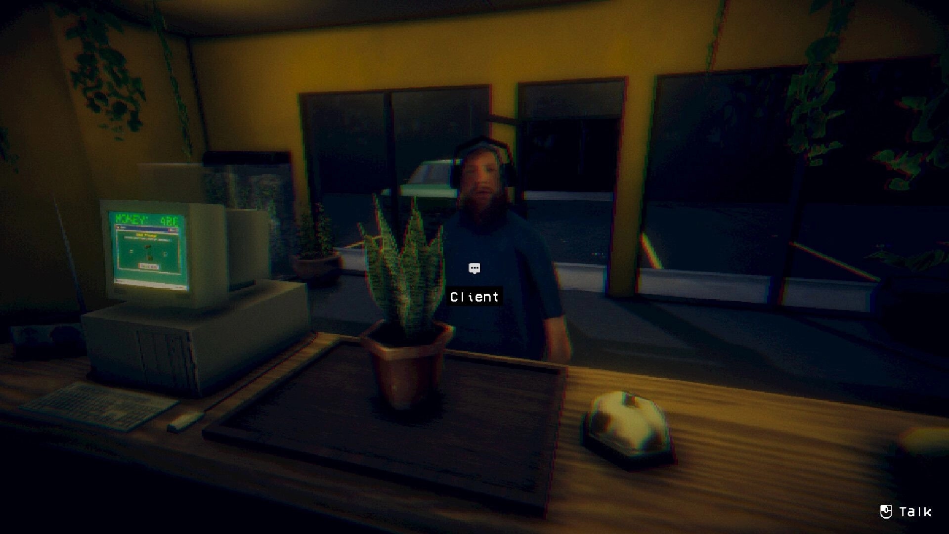 The Plant Shop: Client interaction at counter with cash register and potted plant in dimly lit shop