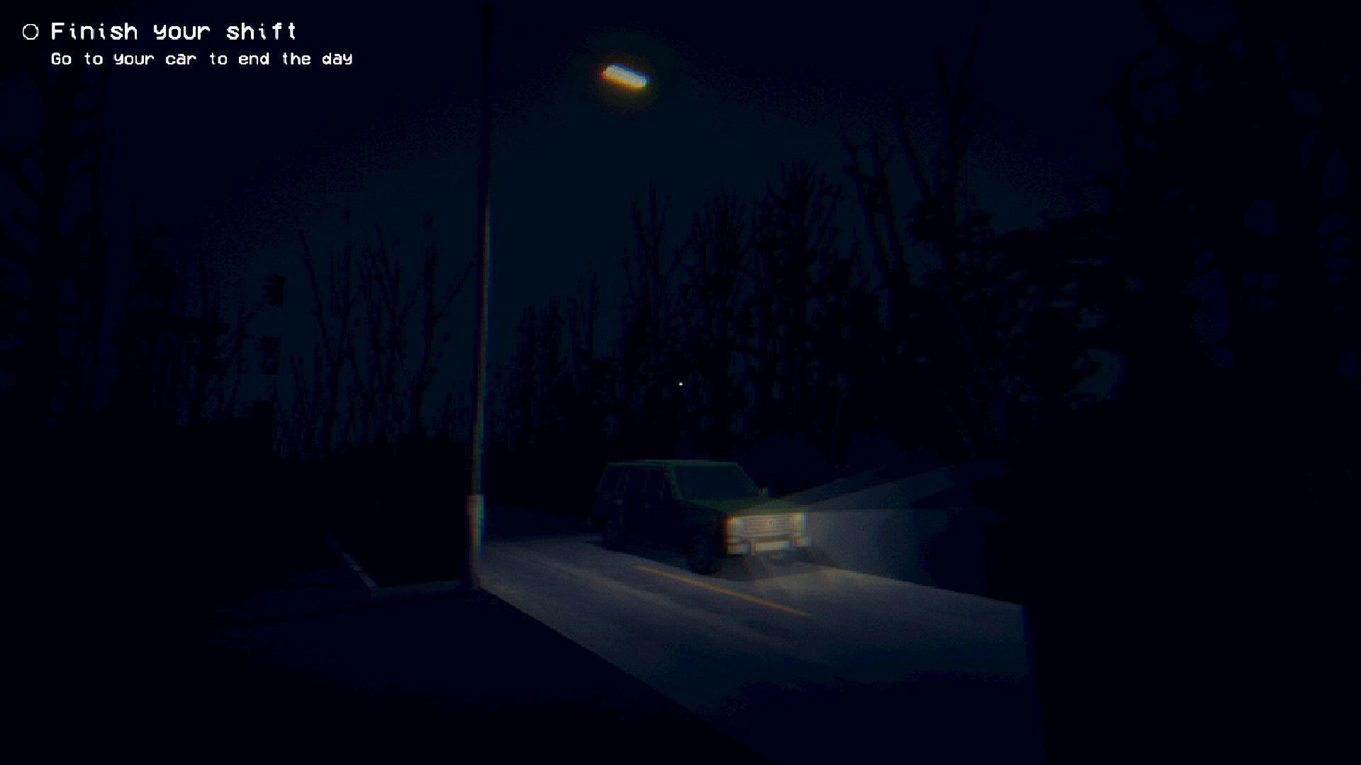 The Plant Shop: Character walks to parked car under streetlight to finish night shift in dark forest setting