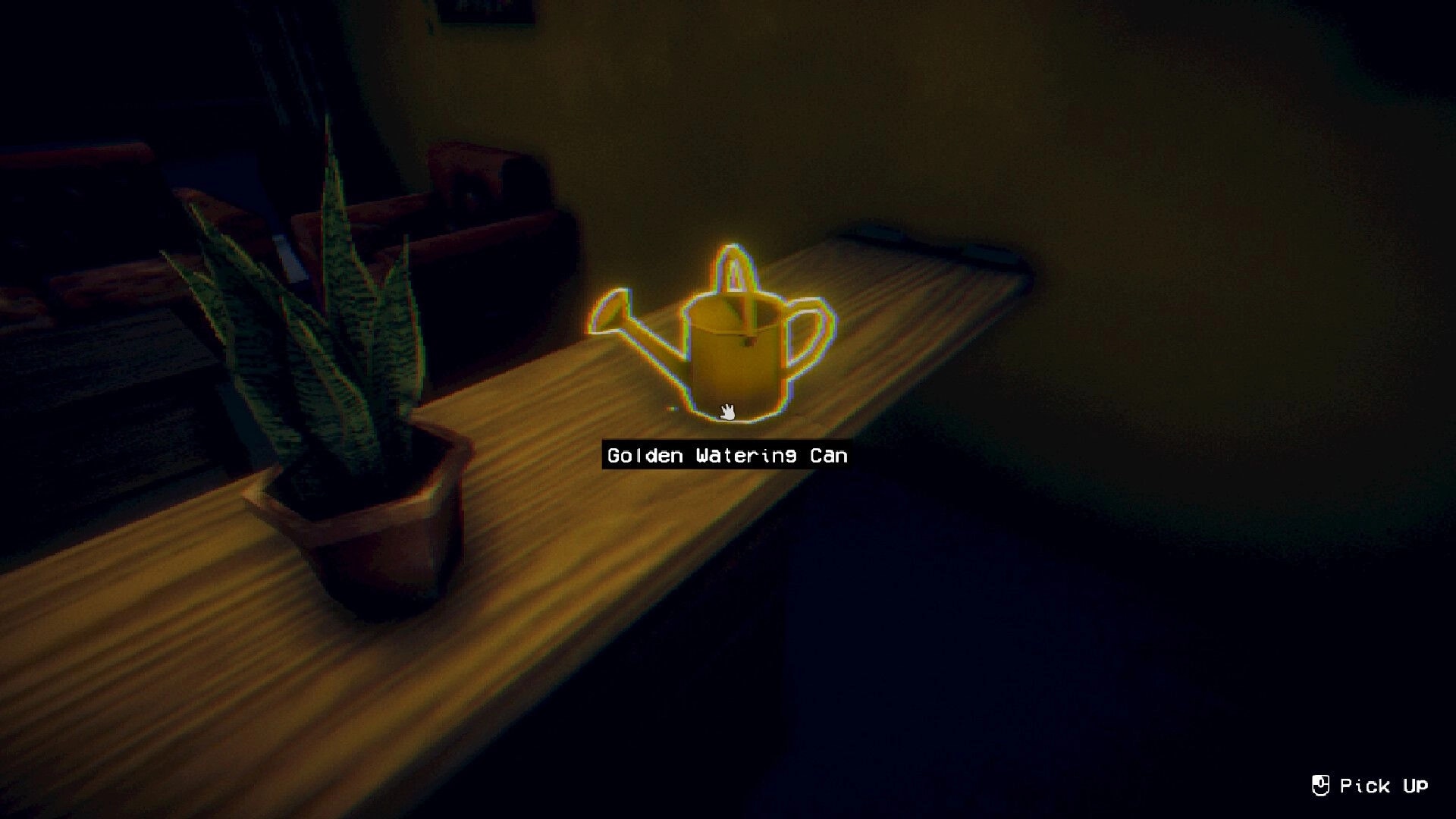 The Plant Shop: Golden Watering Can highlighted on wooden counter in dimly lit shop interior