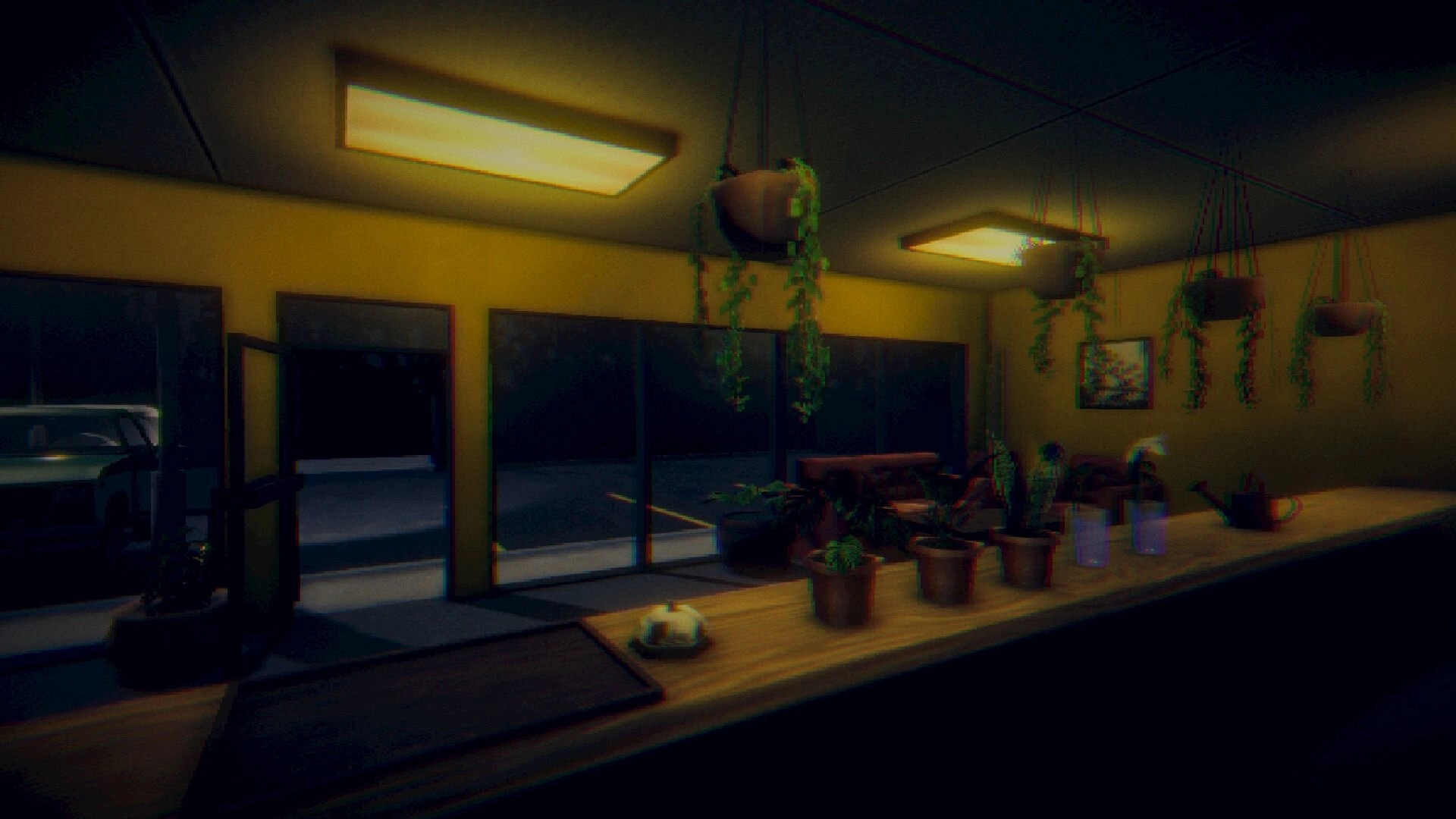 The Plant Shop: Dimly lit interior with hanging plants and pots on a counter, open door leads outside