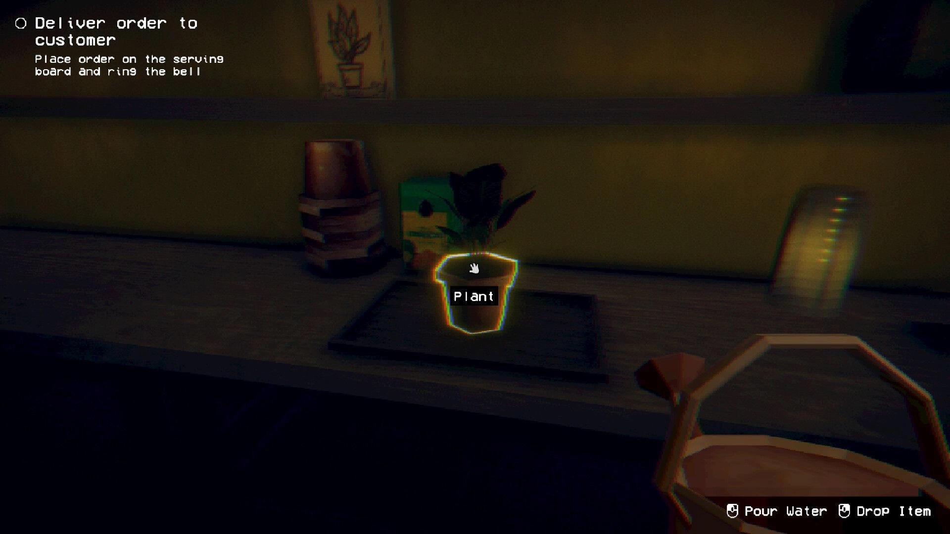 The Plant Shop: Deliver order task with plant on shelf, pour water and drop item options visible