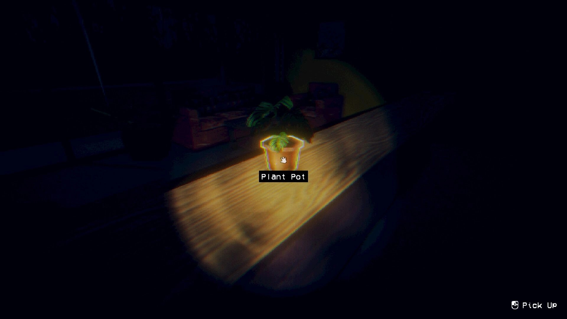 The Plant Shop: Single plant pot highlighted on wooden counter in dimly lit shop with pick-up option.