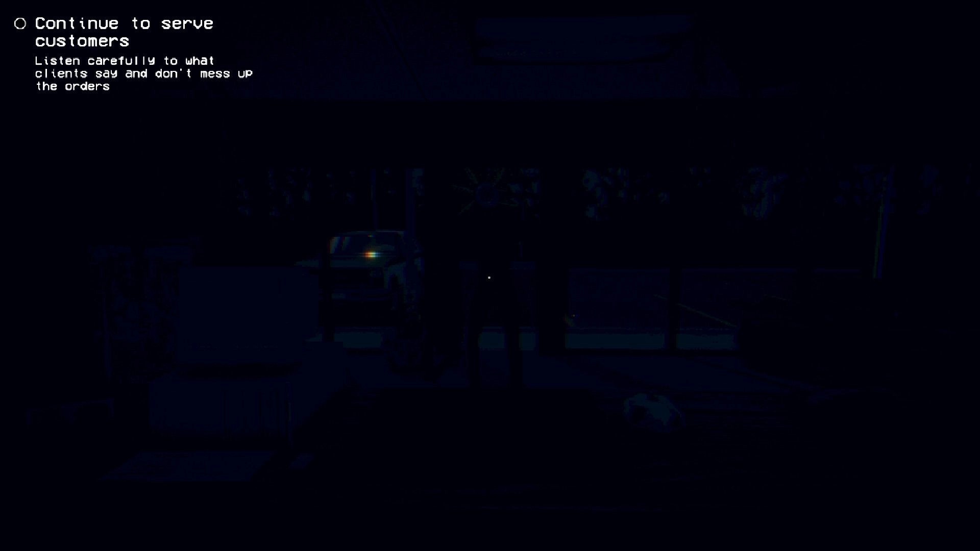 The Plant Shop: Dark interior with a customer silhouette, car outside, and text instructions for serving.