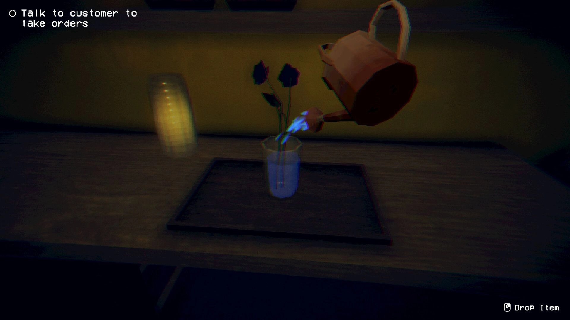 The Plant Shop: Watering a plant in a dimly lit shop with a glowing candle and customer interaction prompt.