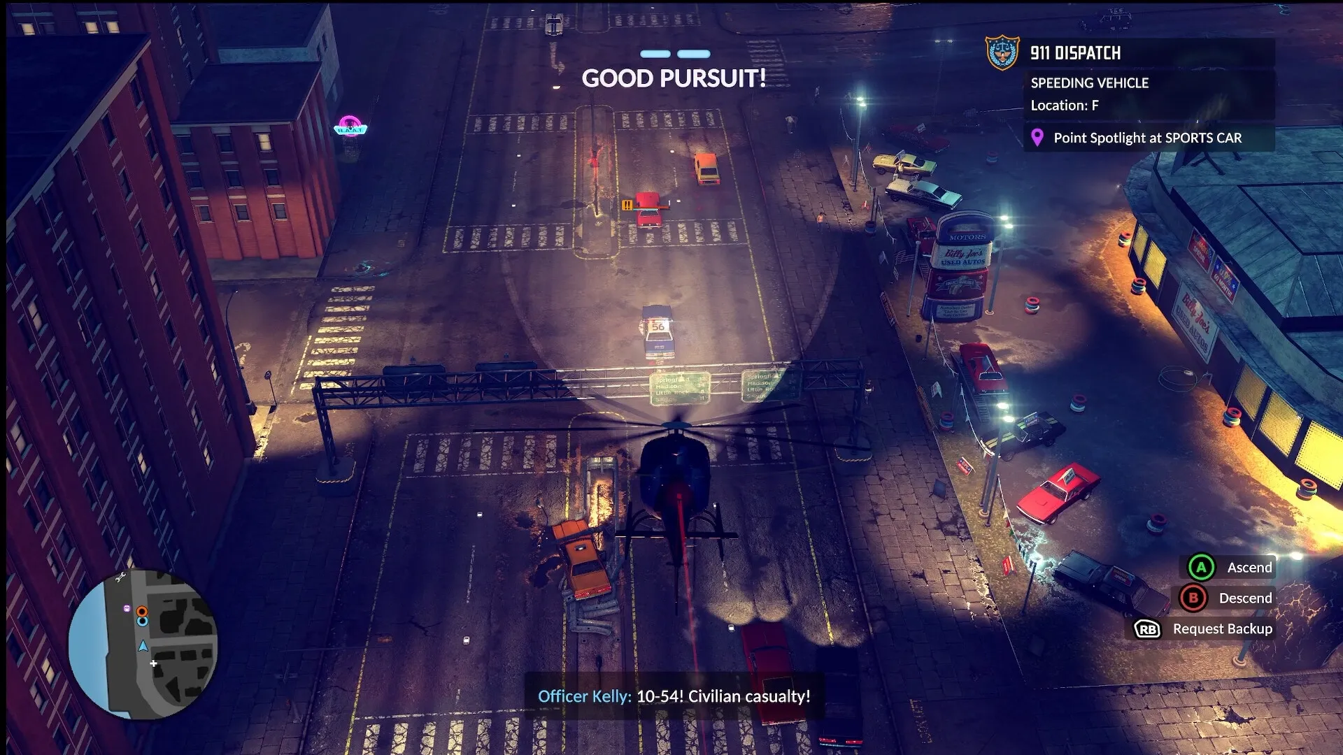 The Precinct: Helicopter spotlight tracks suspect car on neon-lit Averno City street at night.