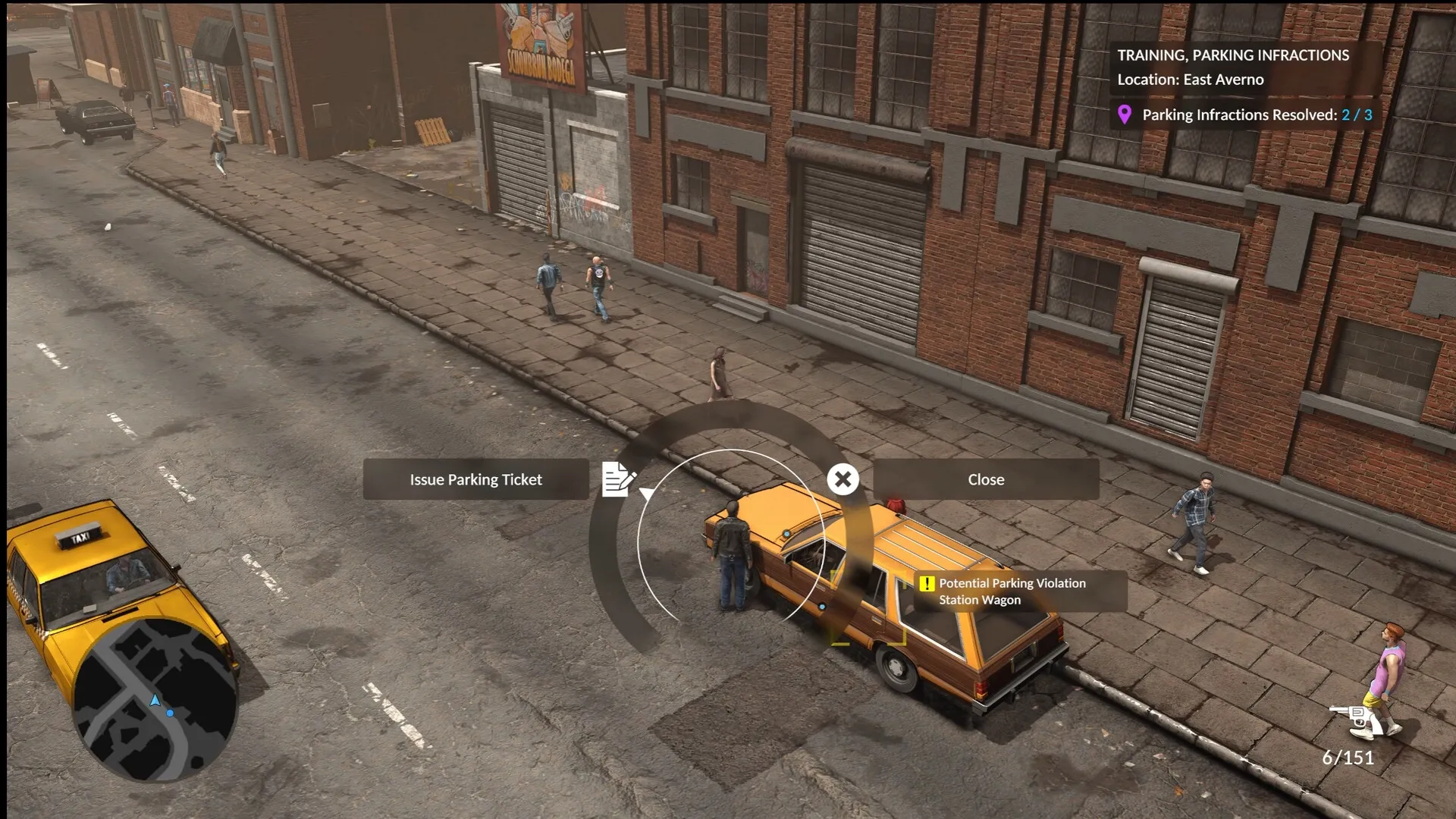 The Precinct: Officer issues parking ticket in East Averno, with training info and minimap visible.