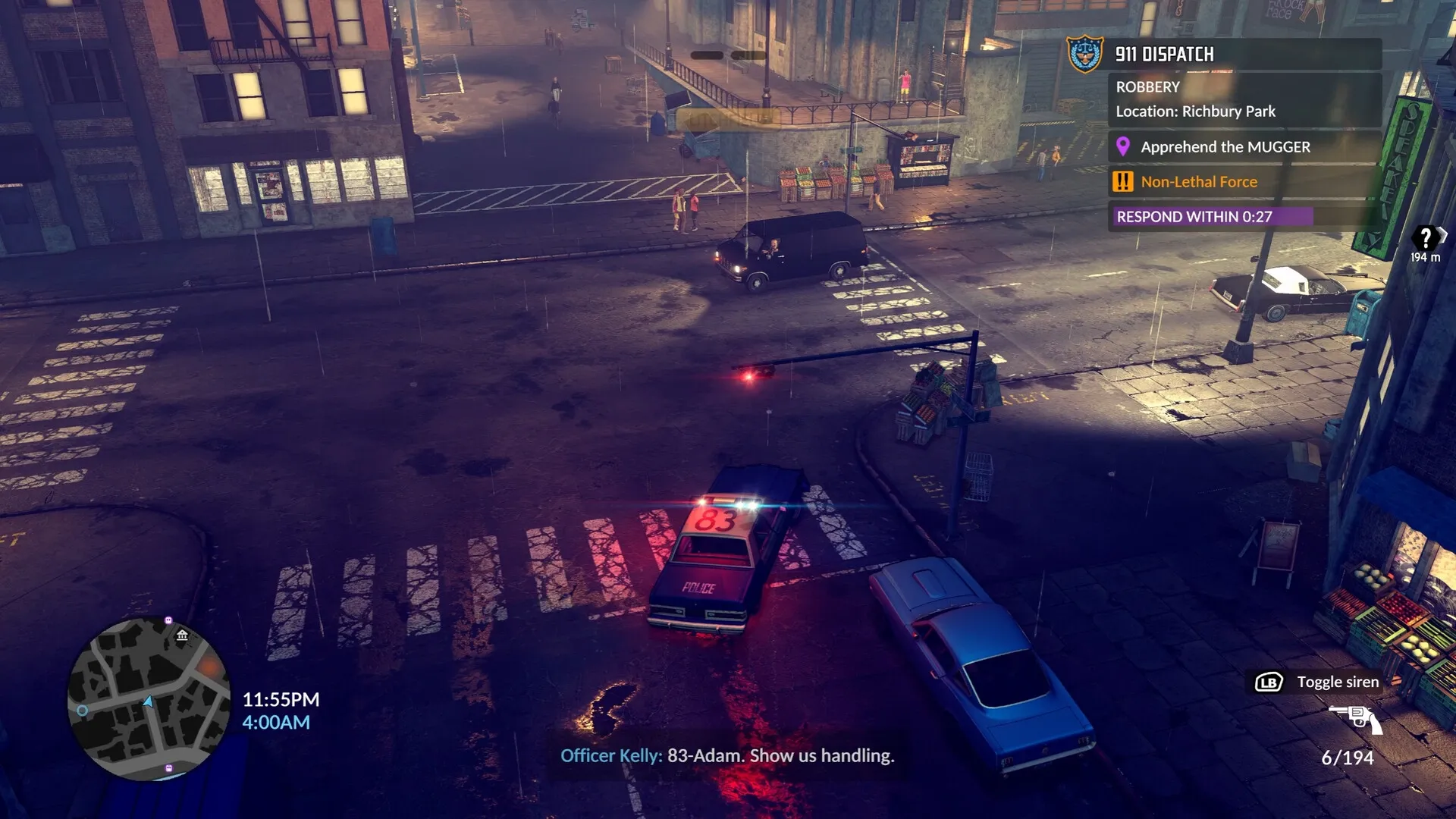 The Precinct: Officer Kelly in police car patrols rainy city street, responding to robbery at Richbury Park.