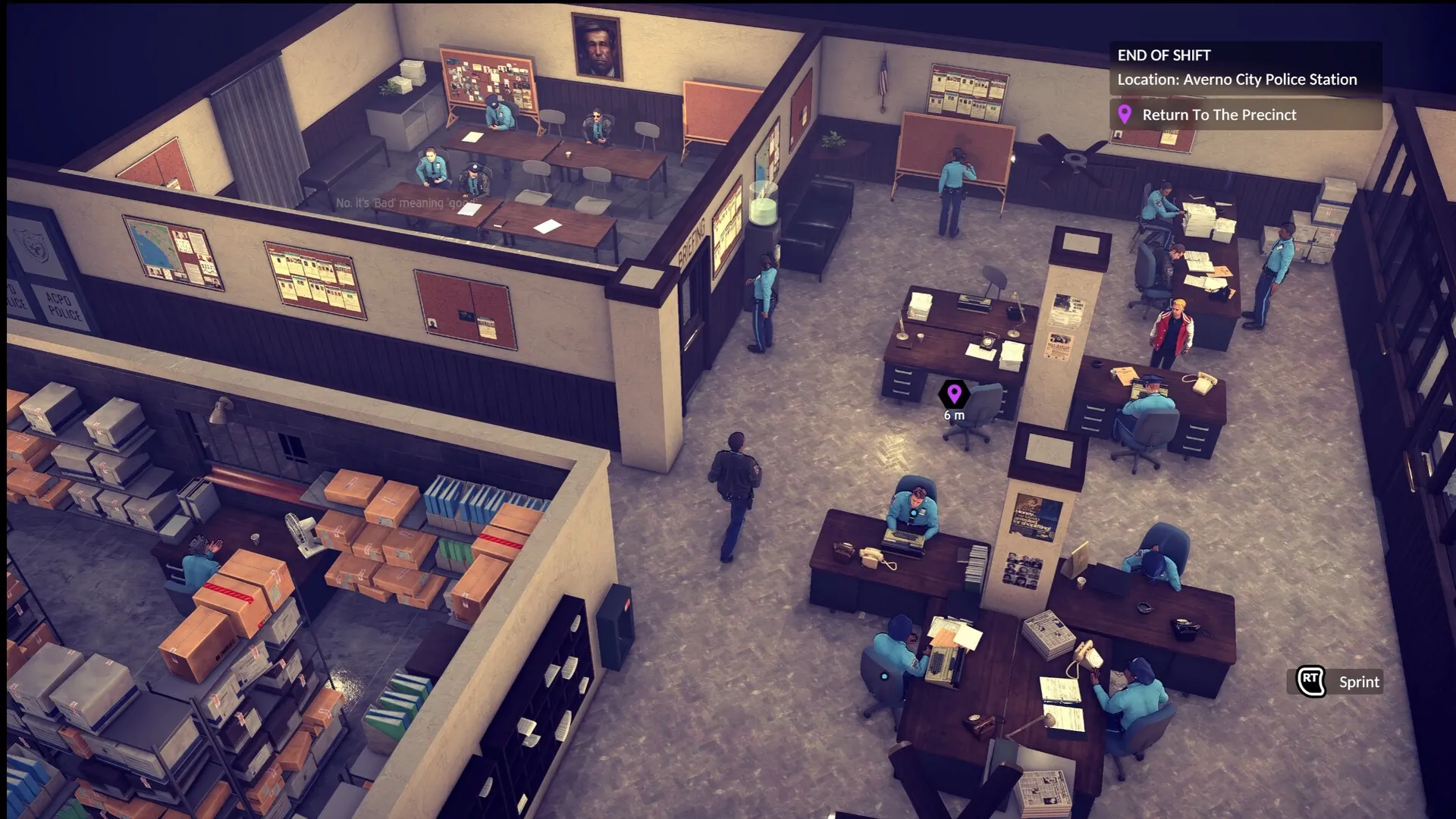 The Precinct: Overhead view of Averno City police station bustling with officers and paperwork in offices.
