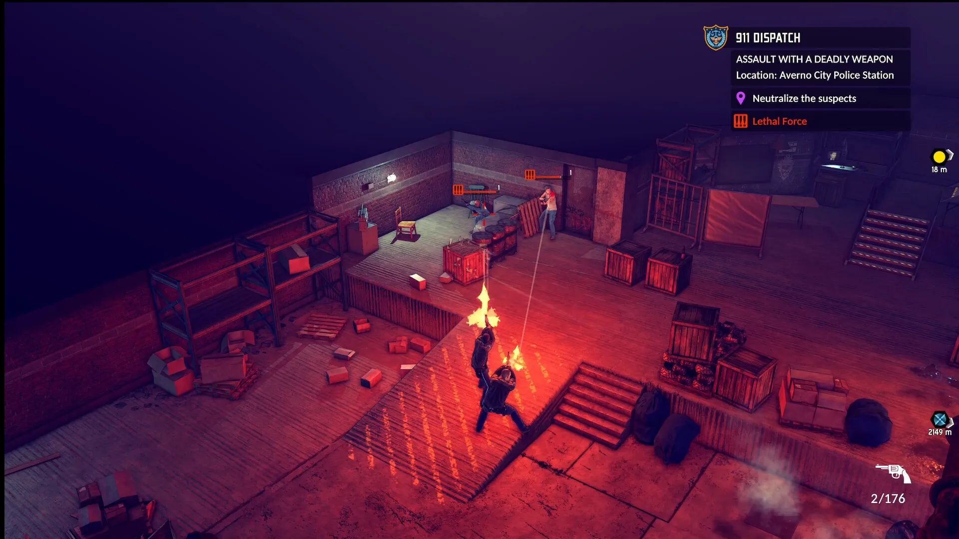 The Precinct: Two officers engage in a shootout at Averno City Police Station, marked by dynamic UI elements.