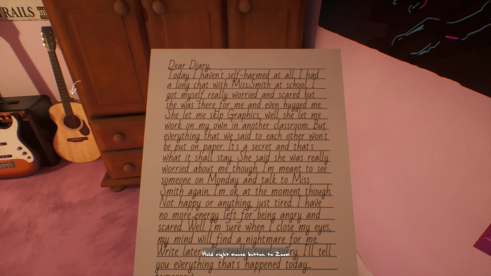 The Quiet Things: Diary entry on desk with acoustic guitar in Alice's pink room environment