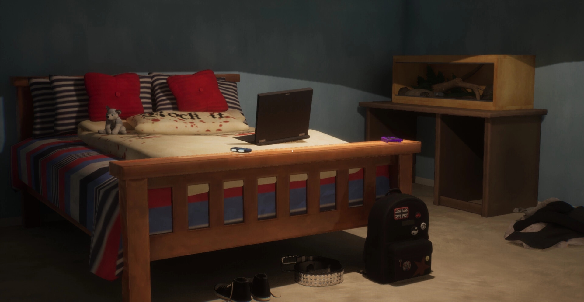 The Quiet Things: Bedroom with laptop on bed, backpack on floor, and terrarium on desk nearby
