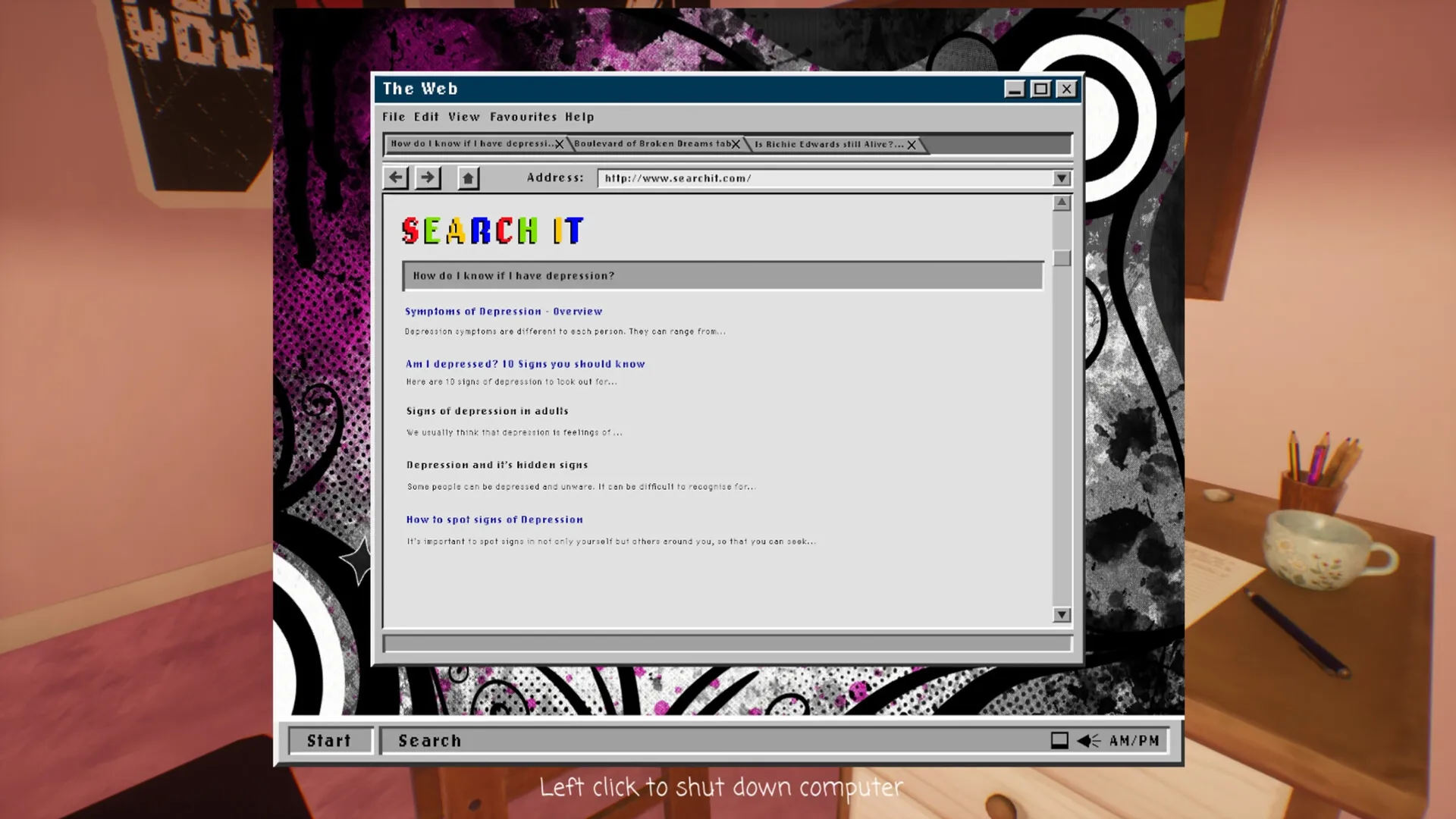 The Quiet Things: Web browser open on depression search results in a teenage bedroom setting