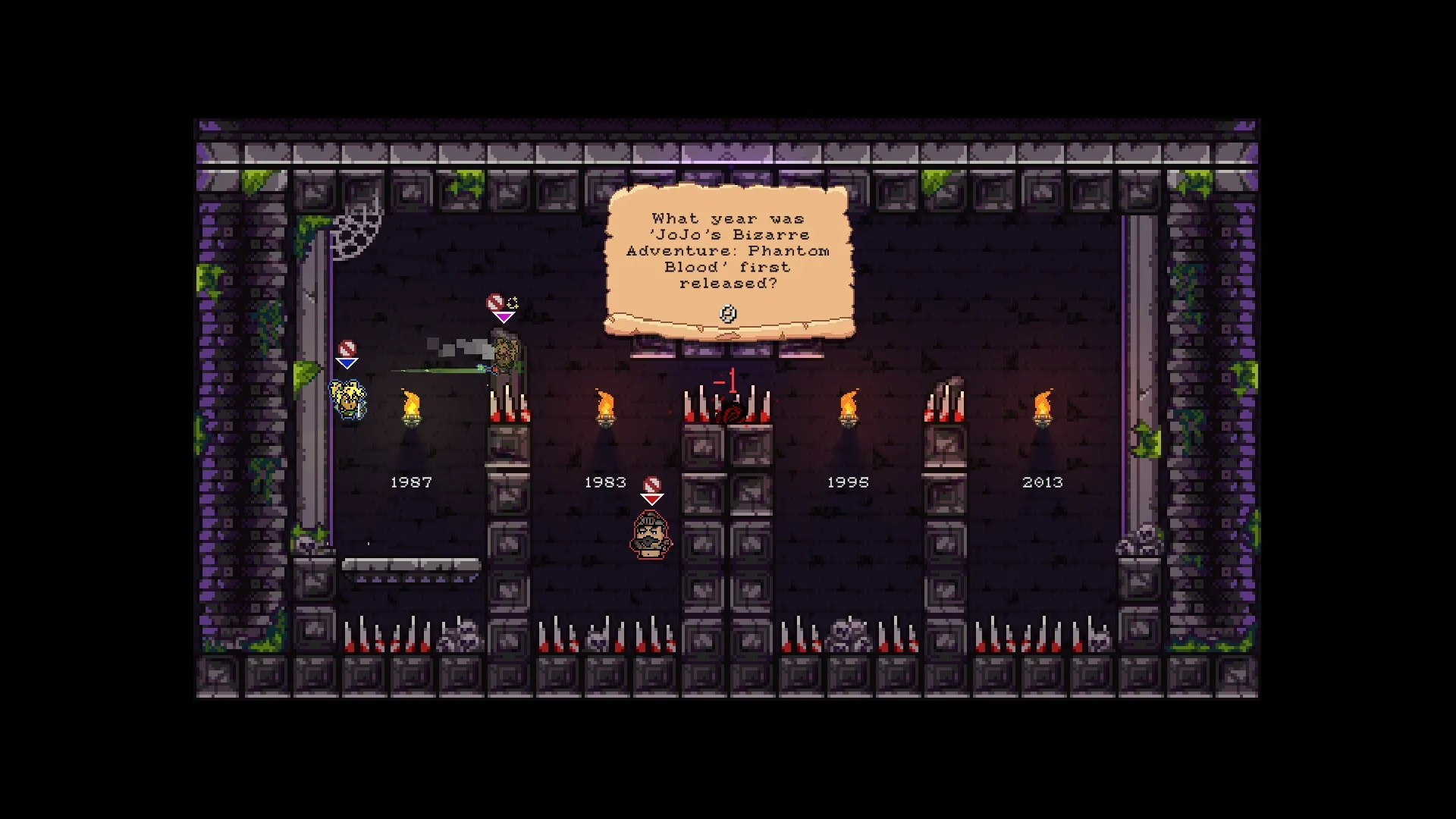 The Quizard's Domain: Trivia question with characters selecting answers on platforms in a dungeon setting