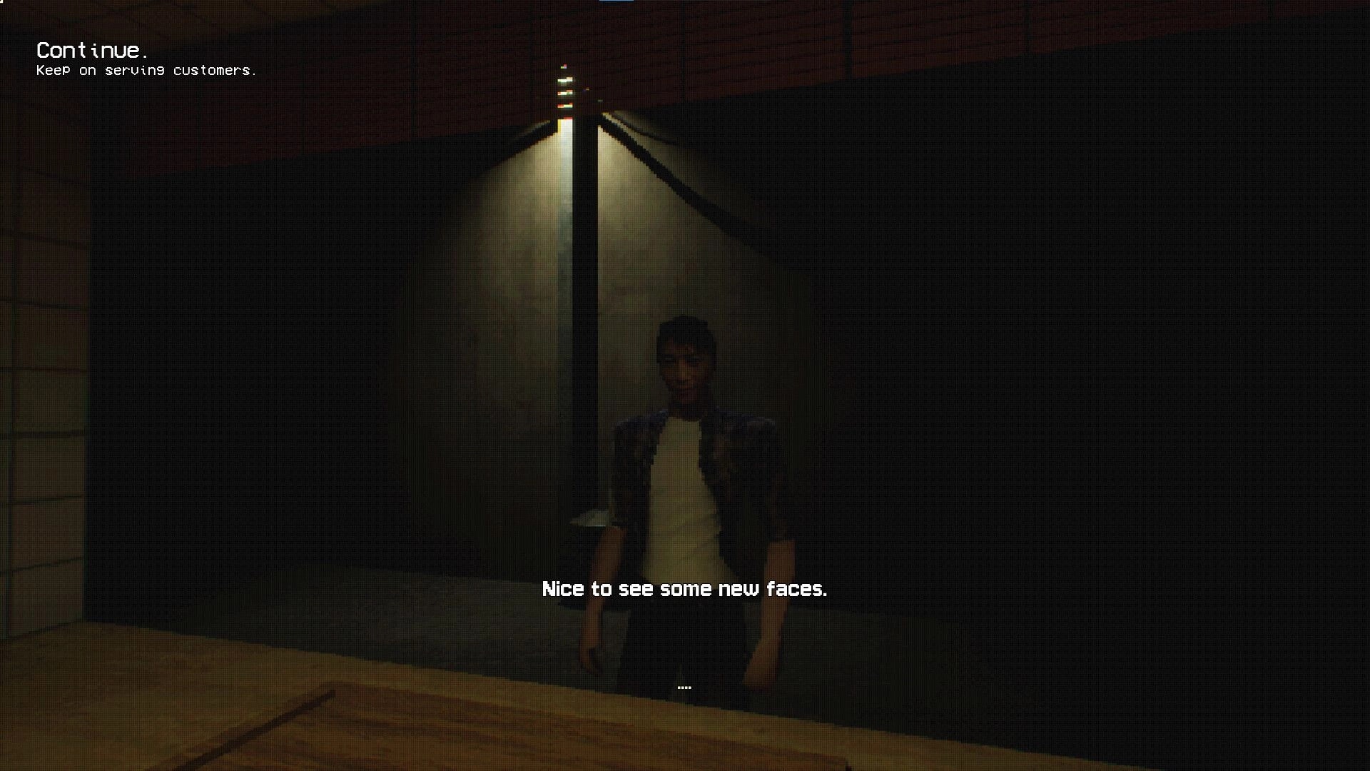 The Ramen Shop: A lone customer stands under dim lighting with text prompt “Nice to see some new faces.”