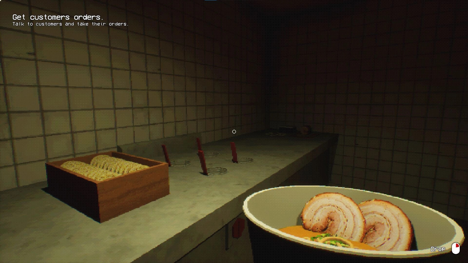 The Ramen Shop: Counter with a bowl of ramen, knives on the table, and a task to get customer orders.