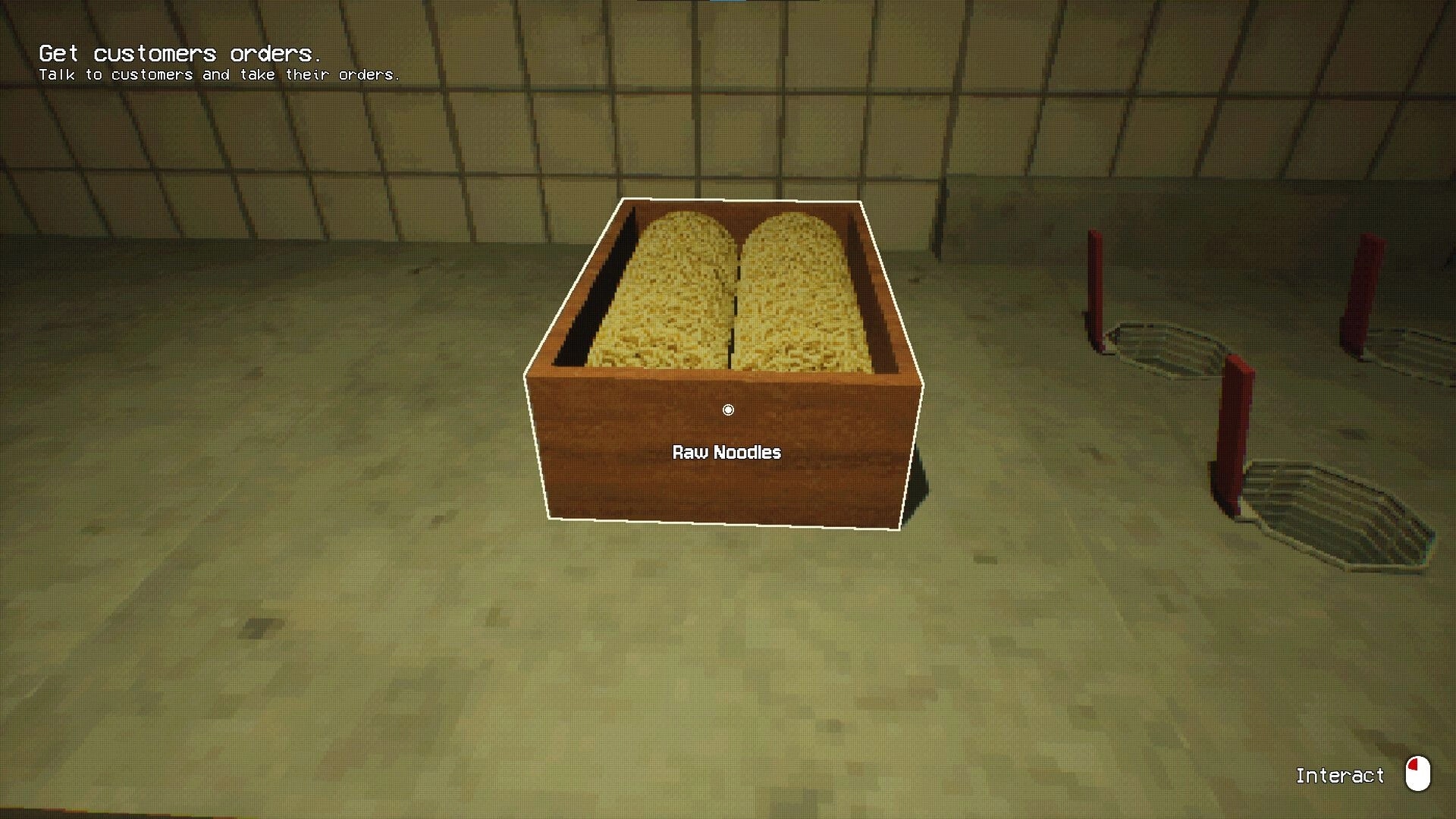 The Ramen Shop: Box of raw noodles on counter with instruction to take customer orders displayed.