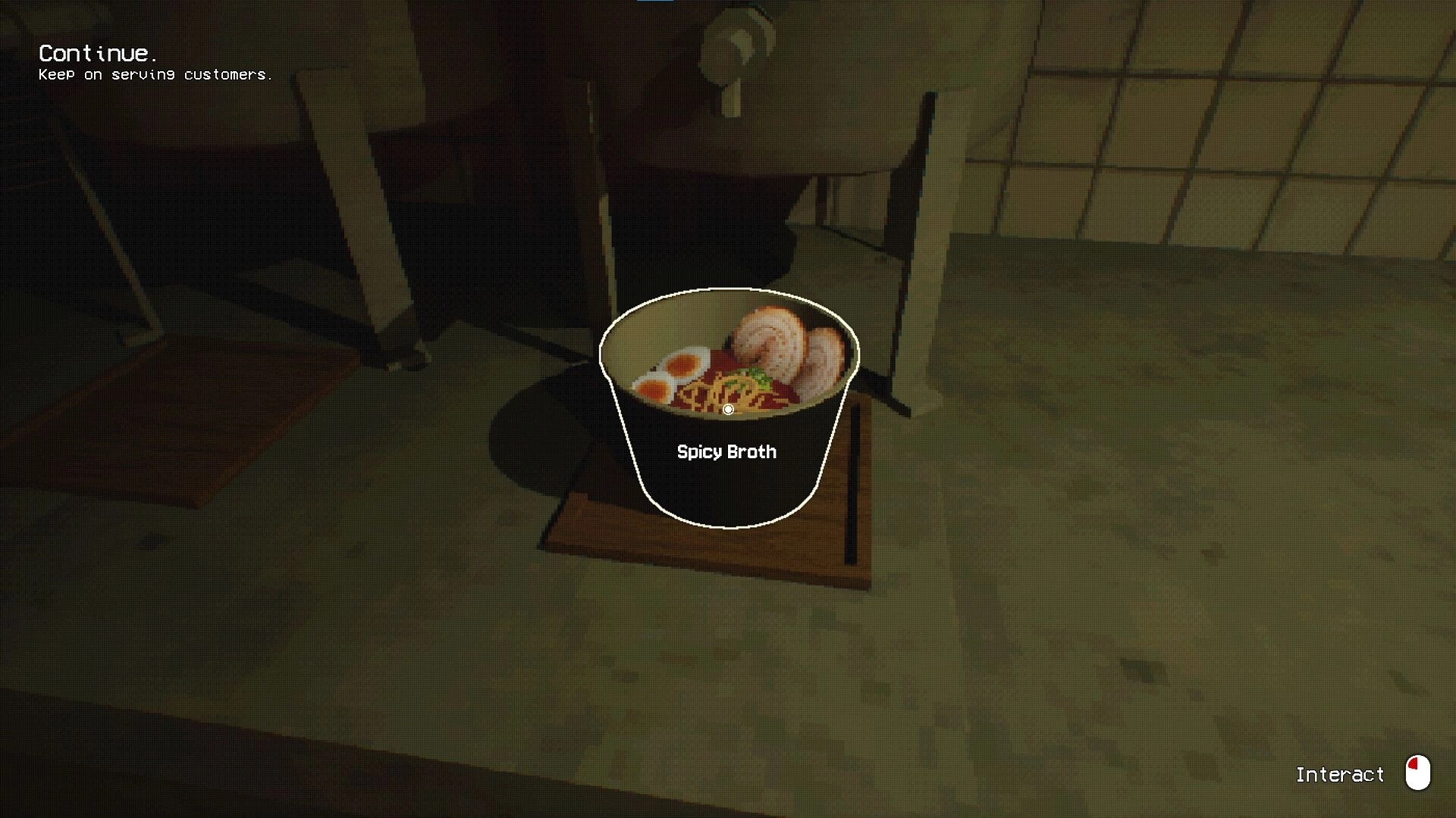 The Ramen Shop: Bowl of spicy broth on counter, dimly lit kitchen, "Continue" and "Interact" options visible.