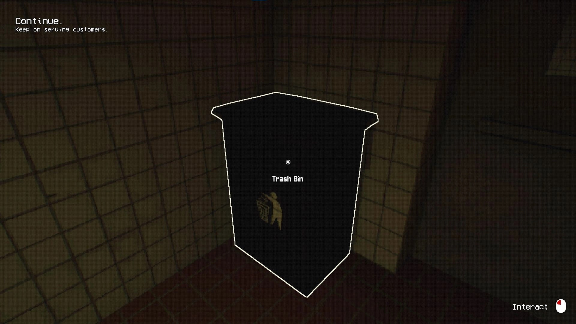The Ramen Shop: Trash bin interaction prompt in dimly lit tiled corner of the ramen shop kitchen