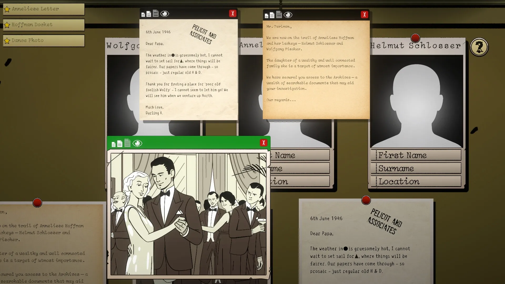 The Ratline: Investigation board with letters, profiles, and a dance photo in detective's office.