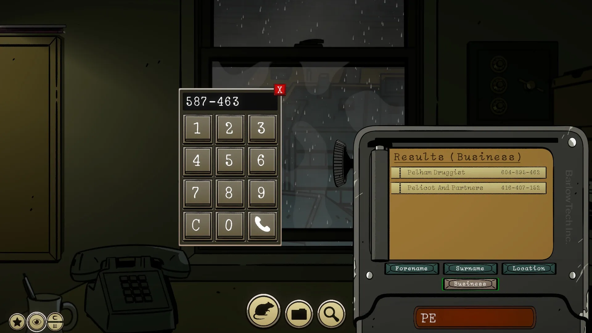 The Ratline: Detective uses retro phone keypad and directory search in dimly lit office during rainstorm.