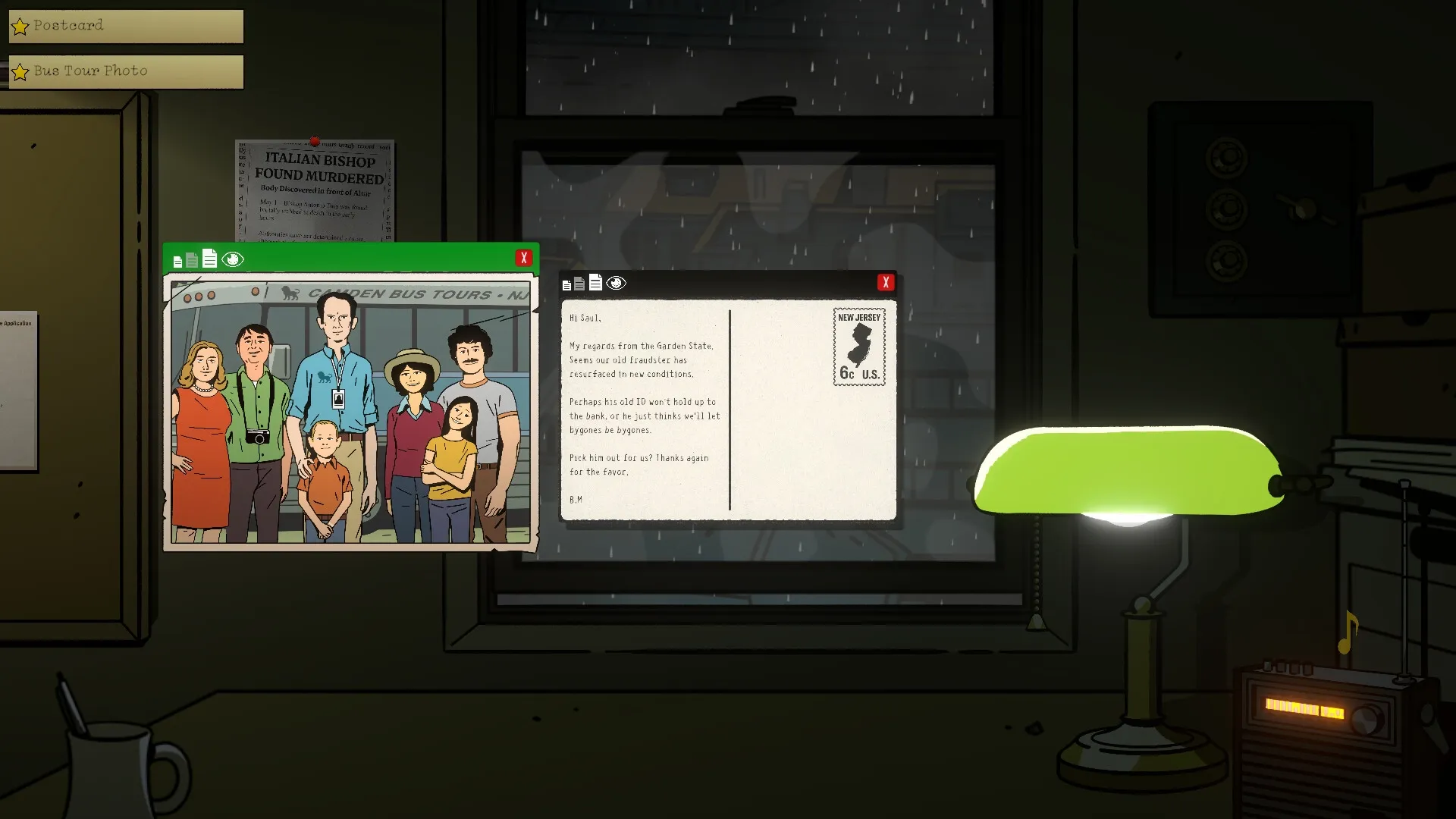 The Ratline: Investigating clues with a postcard and family photo in a dimly lit detective's office