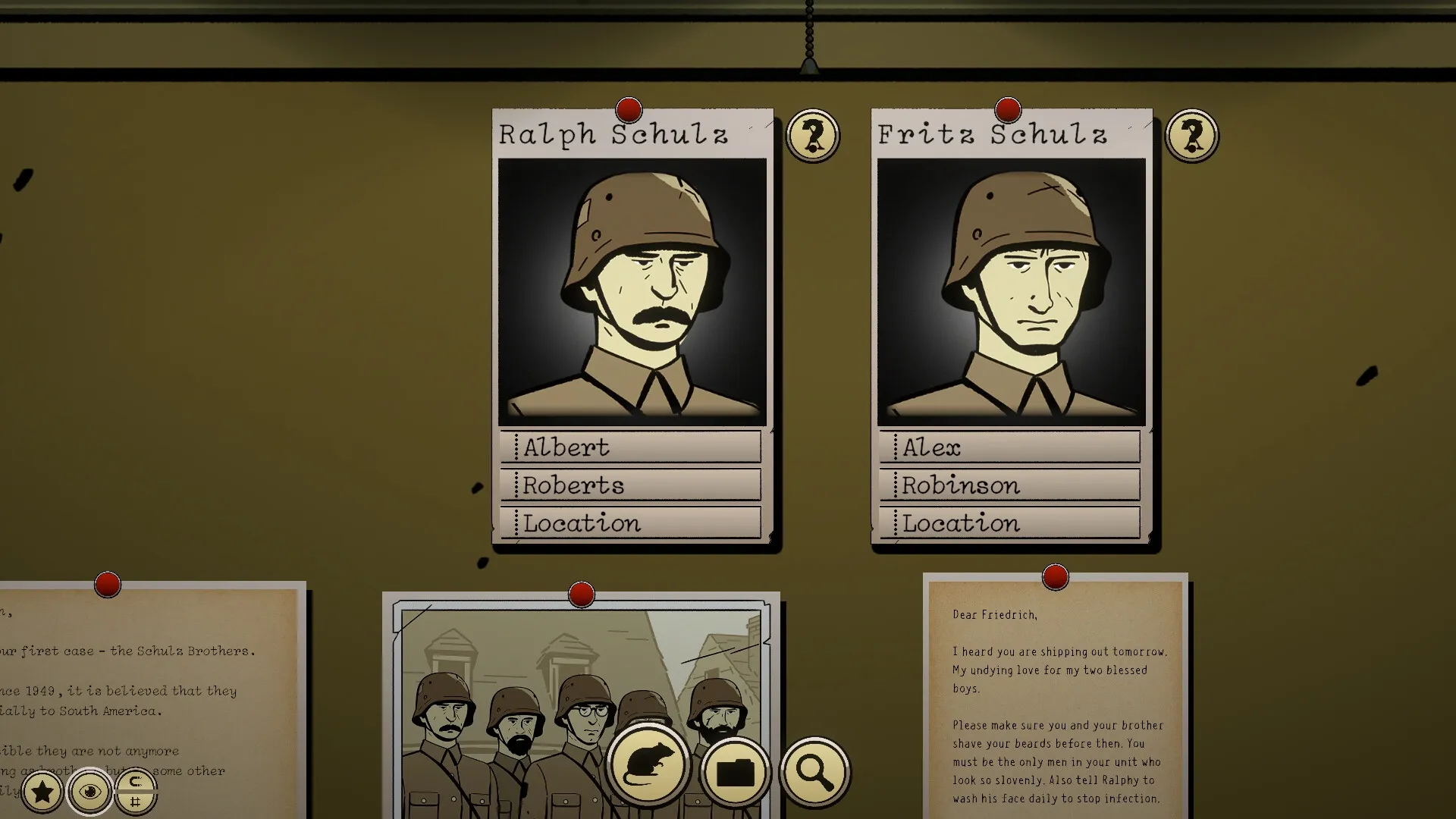 The Ratline: Investigation board showing profiles of Ralph and Fritz Schulz in a detective's office.