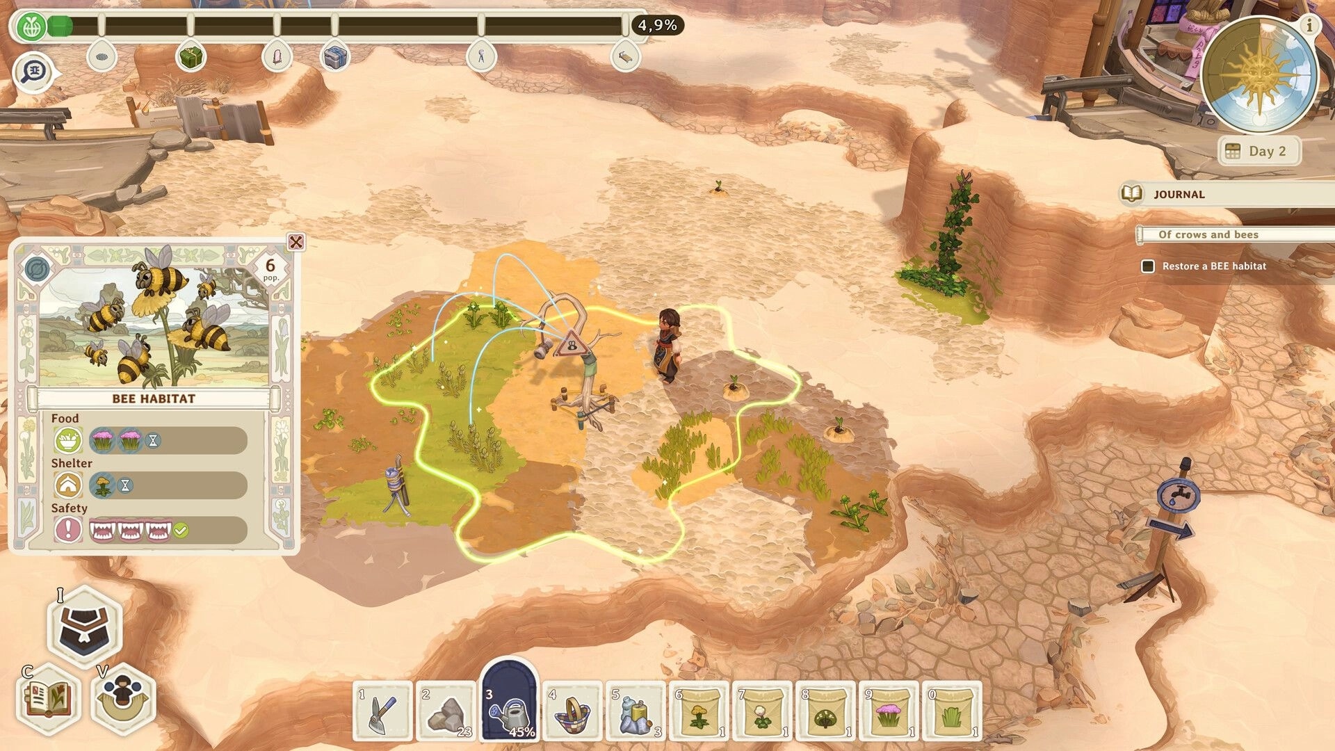 The Regreening: Setting up a bee habitat plot with UI panel open in a sandy canyon worksite.
