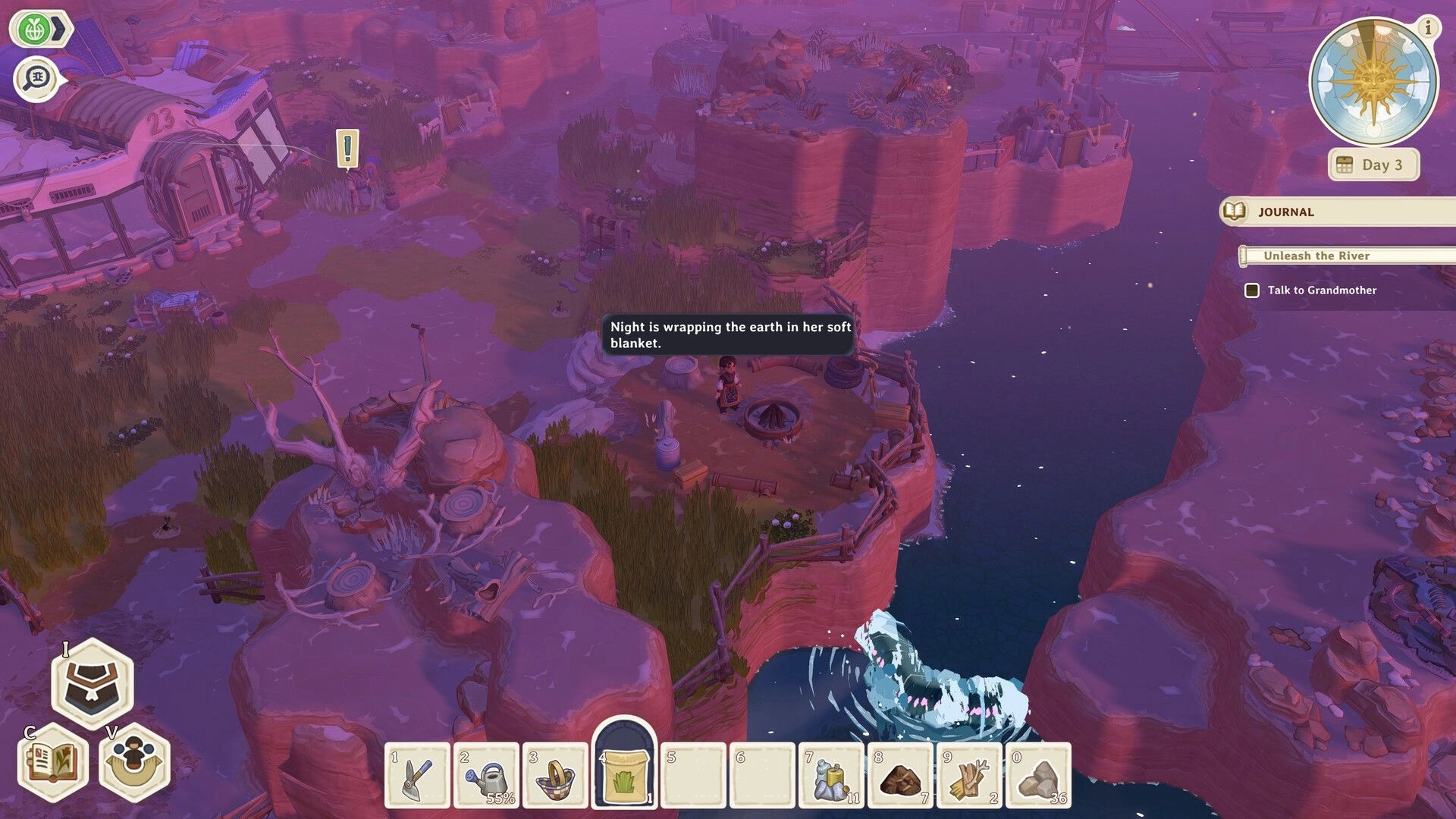 The Regreening: Player by campfire with dialogue bubble, journal quest UI on canyon river cliffs at dusk.