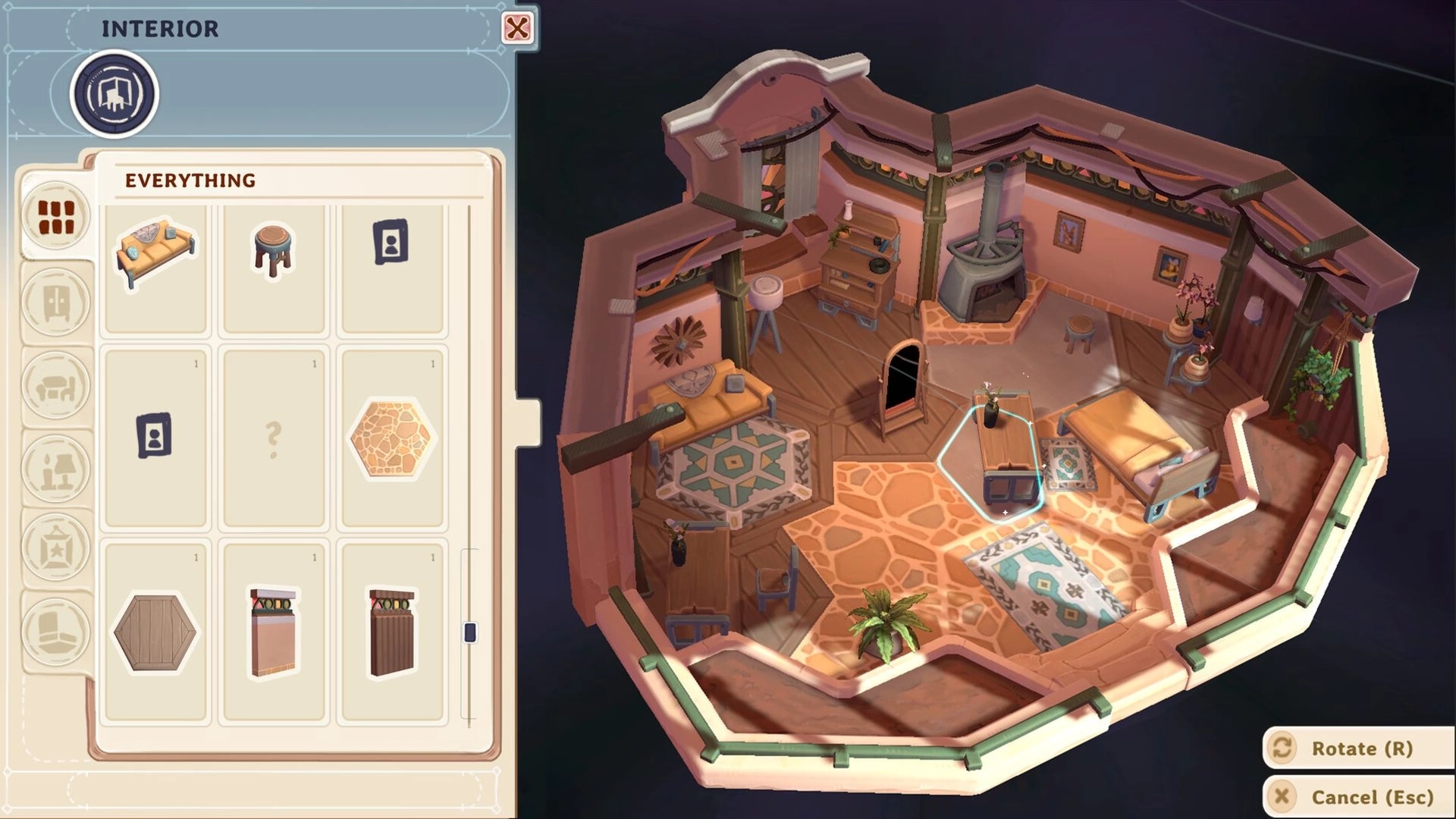 The Regreening: Interior decoration menu selecting furniture in a cozy octagonal room with bed and stove.