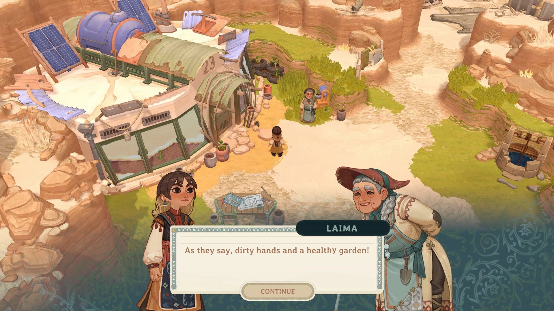 The Regreening: Dialogue with Laima beside a greenhouse and solar panels in a sandy canyon base.