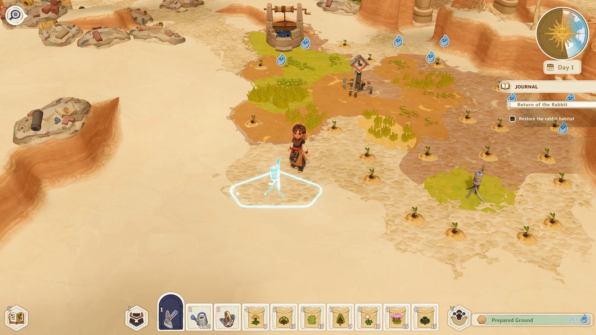 The Regreening: Player stands by a glowing sprinkler plot in sandy canyon farm with journal UI open.