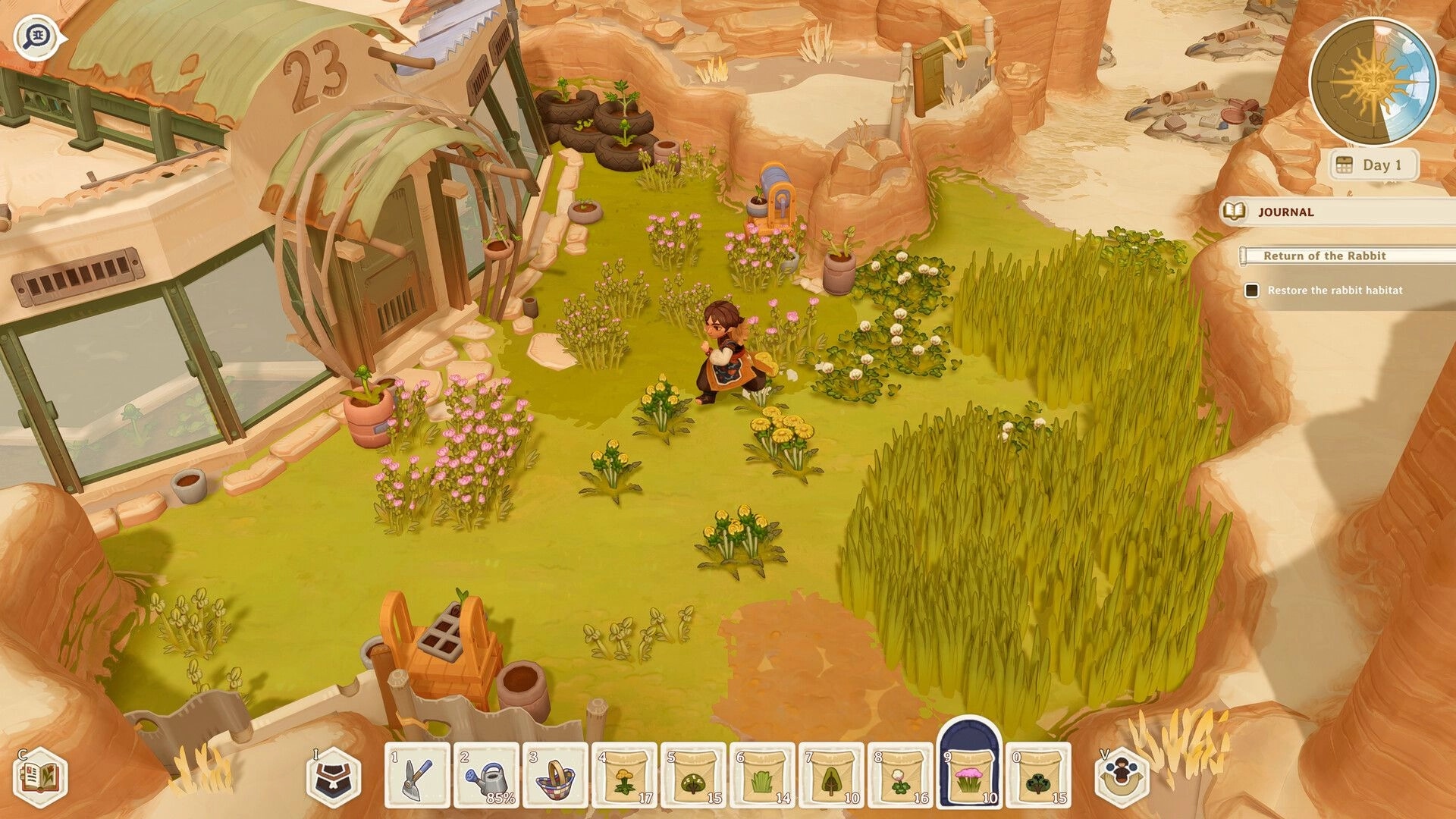 The Regreening: Player stands in grassy garden by house, journal quest UI and hotbar in view.