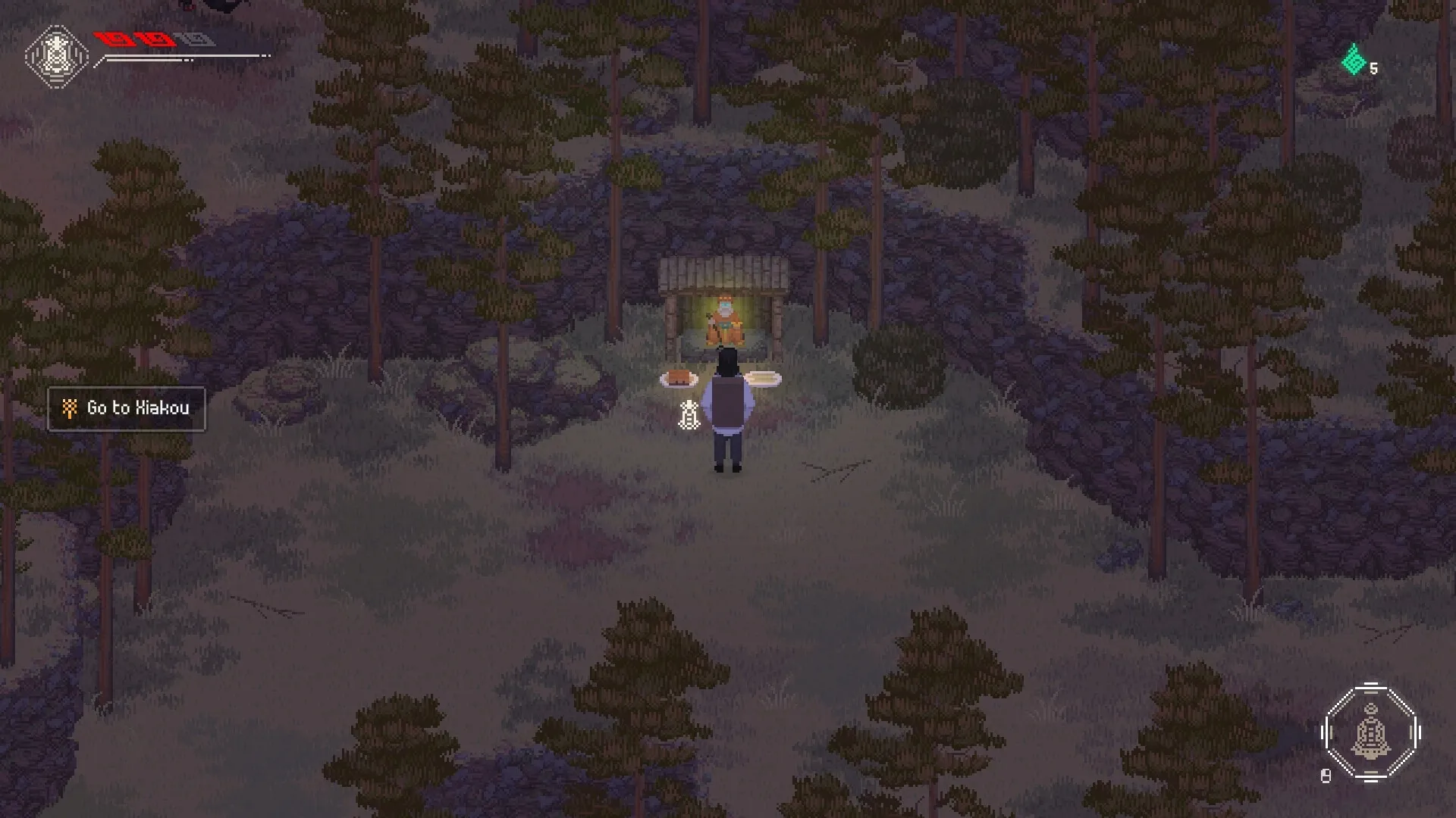 The Rewinder 2: Character approaches shrine in forest with UI elements and quest direction visible
