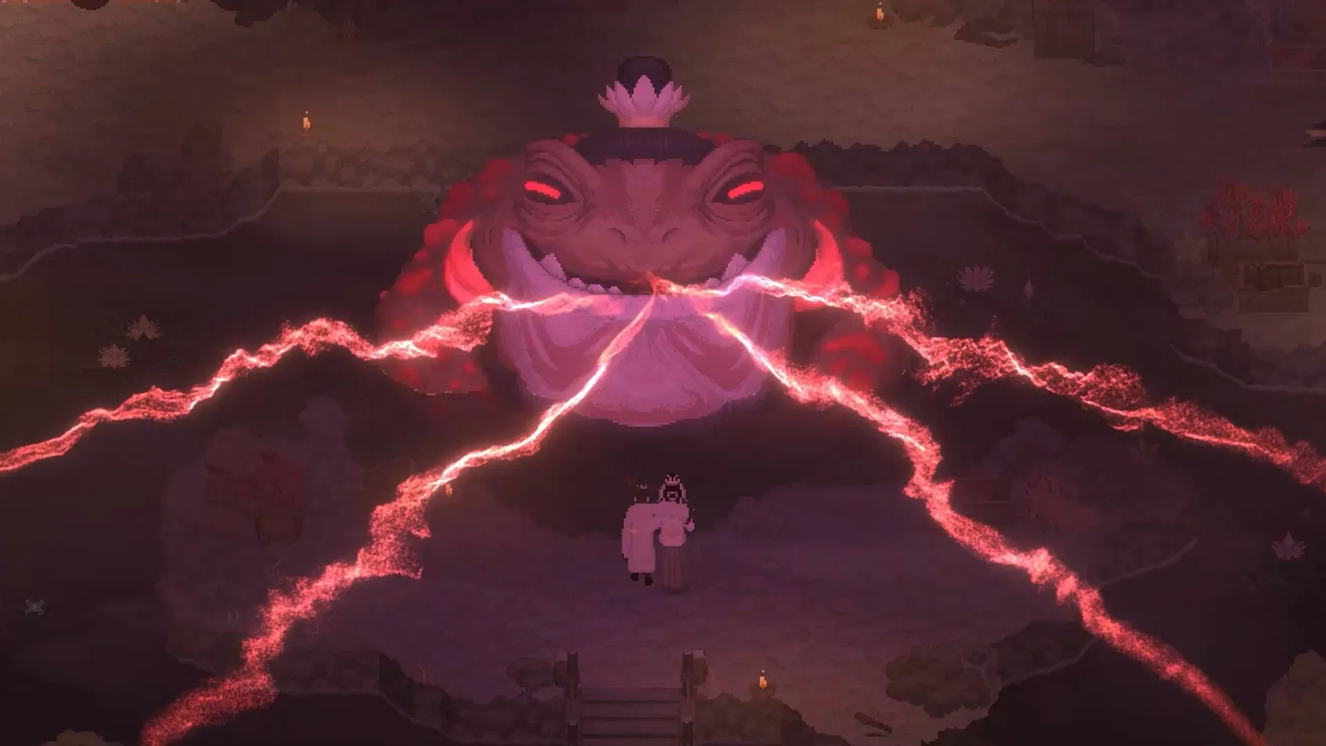 The Rewinder 2: Player facing giant toad monster emitting red energy beams in dark cave environment