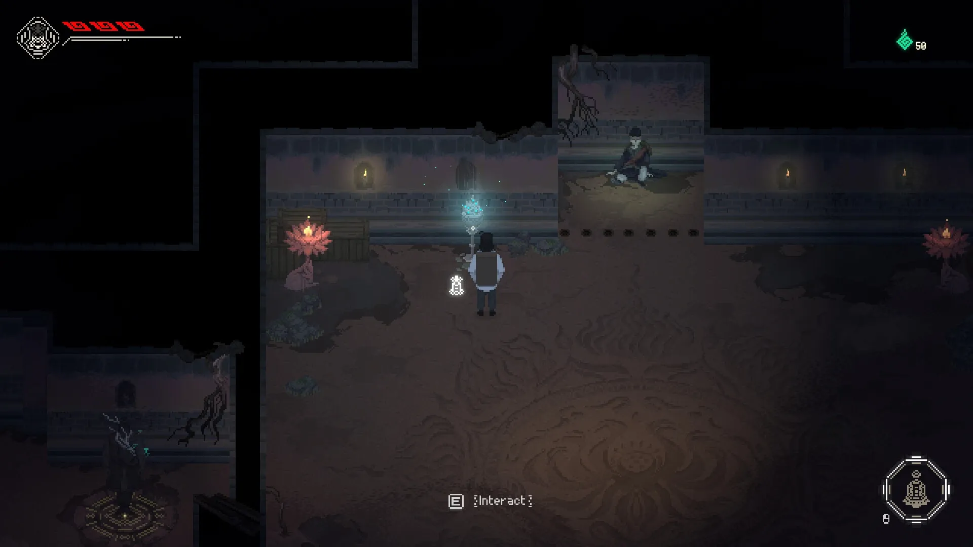 The Rewinder 2: Character in dim dungeon room with glowing spirit and interact prompt visible