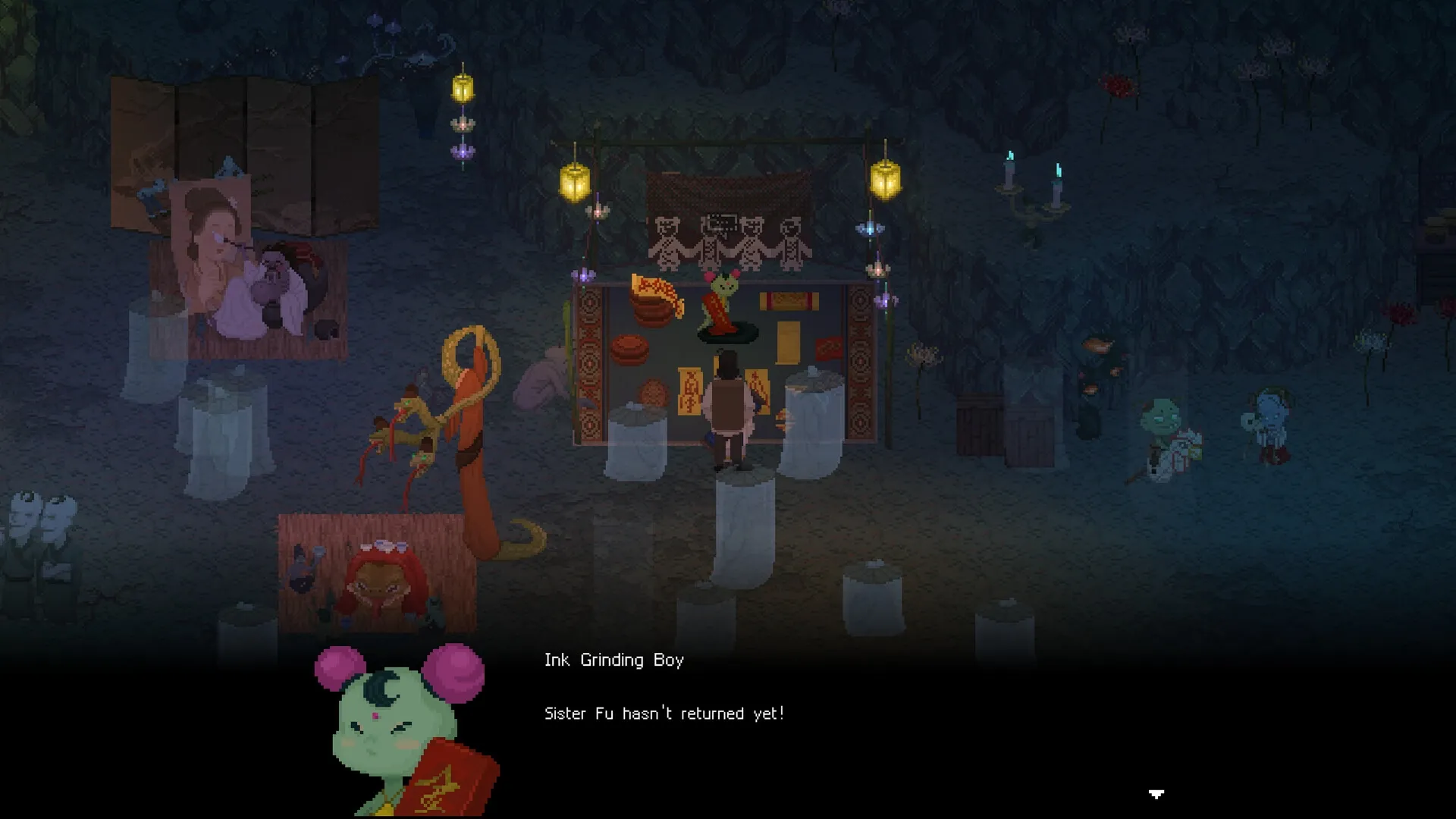 The Rewinder 2: Player in dim cave market interacting with Ink Grinding Boy, surrounded by lanterns.