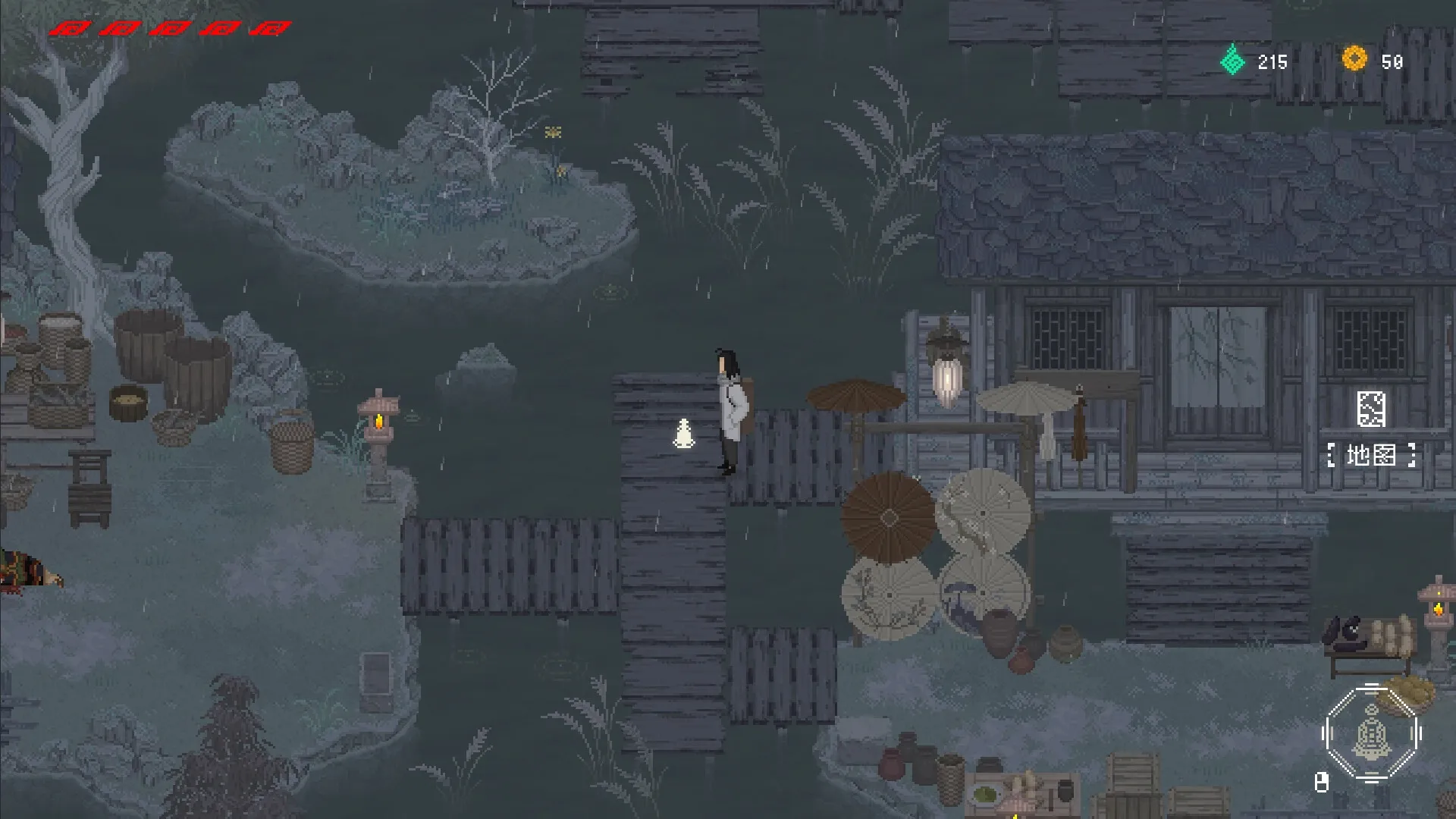The Rewinder 2: Player on wooden path in rainy village, interacts with glowing spirit near huts.