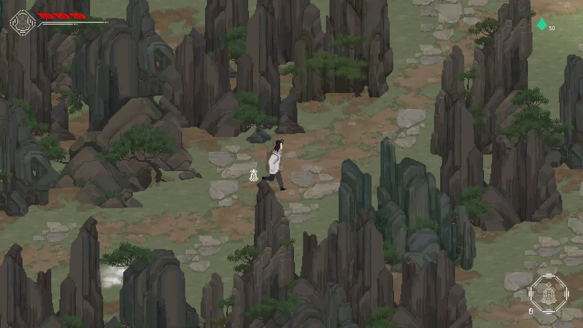 The Rewinder 2: Character exploring rocky path in mountainous landscape with health bar and map visible.